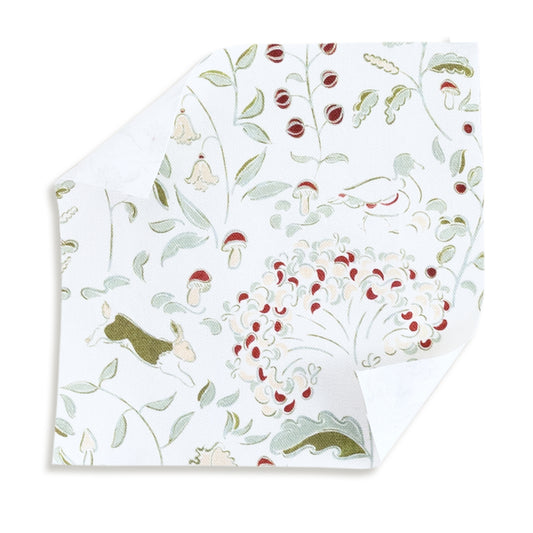 Ruby Moss fabric with whimsical woodland creatures and floral motifs for custom Pepper Home curtains.