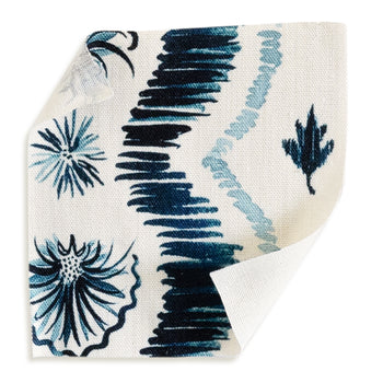 Alice fabric swatch showcasing bold stripes and painterly blue details, perfect for custom curtains by Pepper Home.