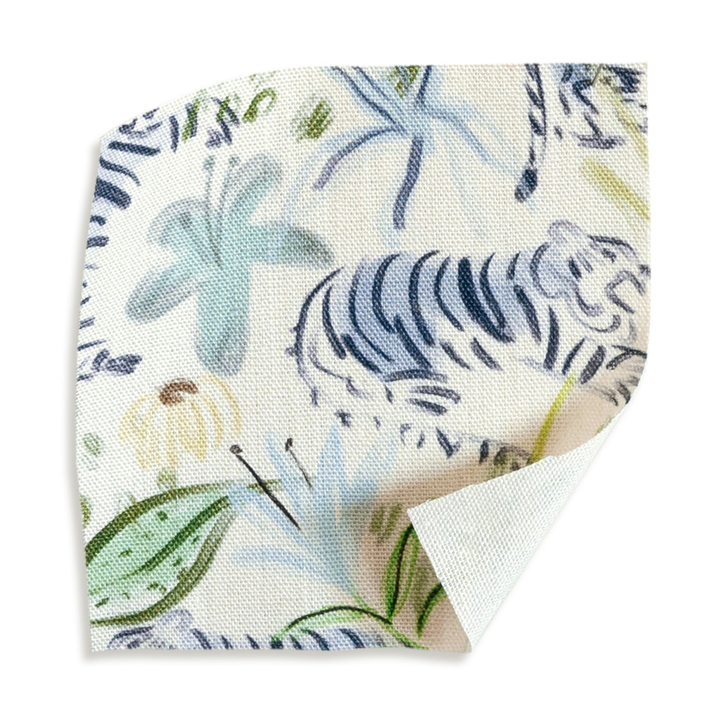 Frida Green fabric swatch with playful tiger and floral design in cool blues and lush greens, perfect for custom curtains.
