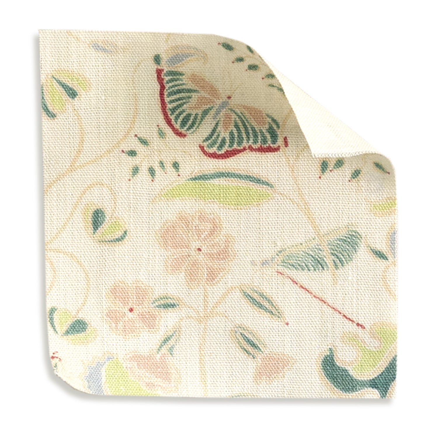 Gemma Pear Tailored Pleat fabric swatch with floral and butterfly design from Pepper Home custom curtains collection