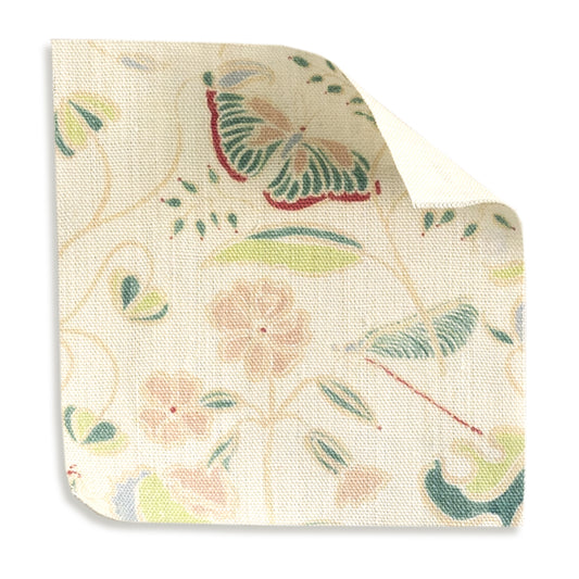 Gemma Pear Tailored Pleat fabric swatch with floral and butterfly design from Pepper Home custom curtains collection