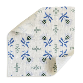 Lee fabric swatch with custom floral cut-paper collage design in soft greens and blues by Pepper Home.