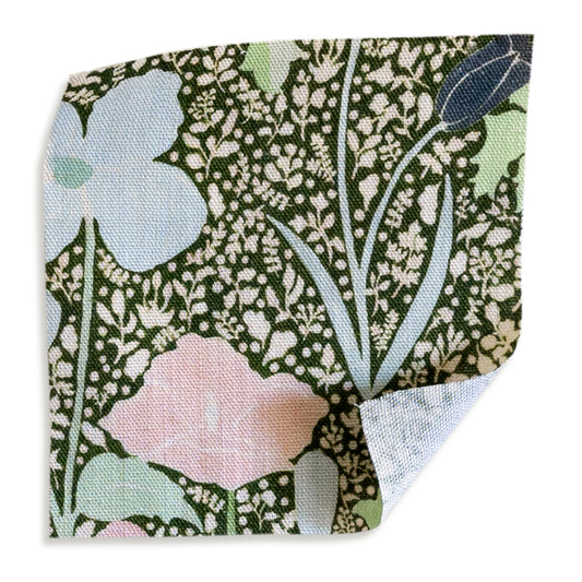 Matilda printed linen fabric swatch with floral pattern in soft colors, showcasing Pepper Home's custom design quality.