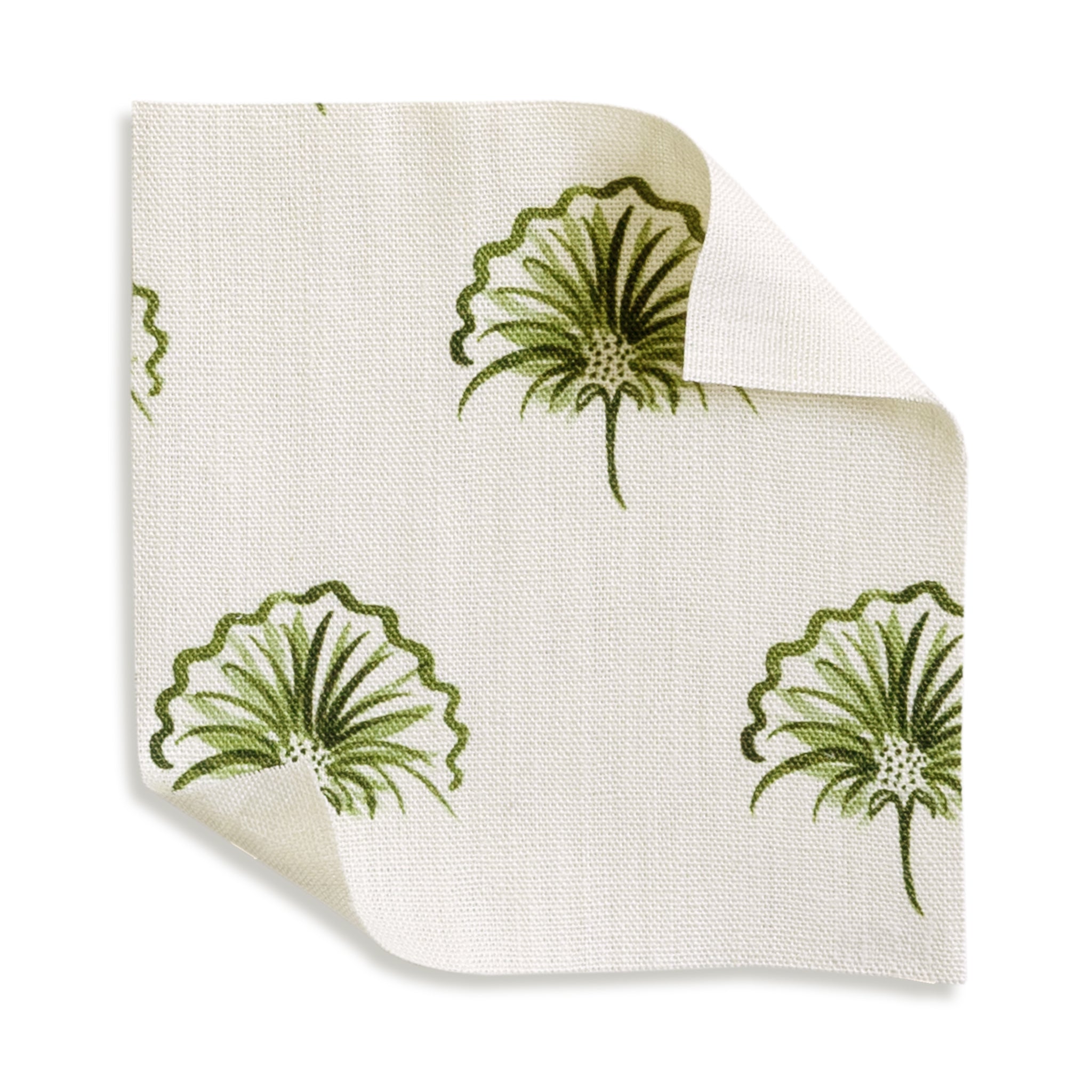 Penelope Moss fabric with delicate green scalloped floral motifs on natural linen, perfect for custom curtains.