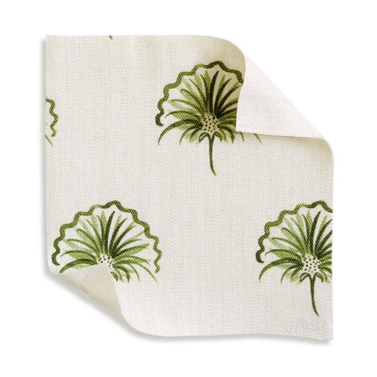 Penelope Moss fabric with delicate green scalloped floral motifs on natural linen, perfect for custom curtains.