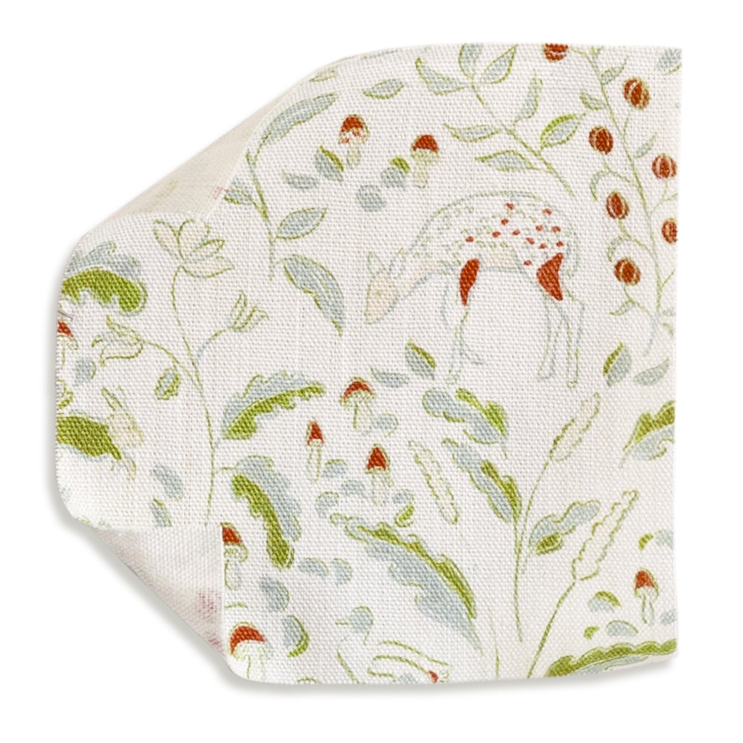 Ruby Moss fabric swatch with whimsical nature pattern, perfect for Pepper Home custom made-to-order curtains and décor.