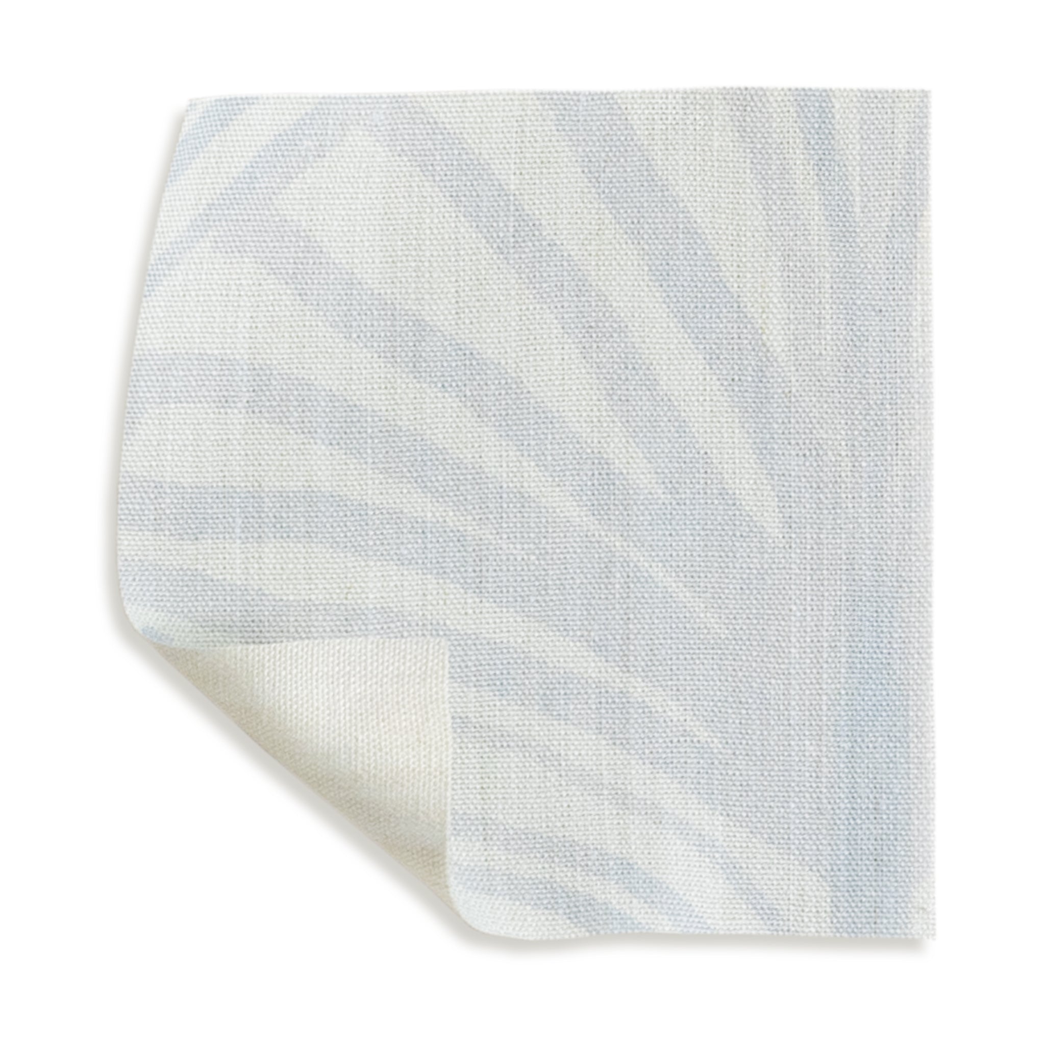 Suzy Sky fabric swatch featuring hand-painted palm motifs in soft sky-blue from Pepper Home custom curtains collection.