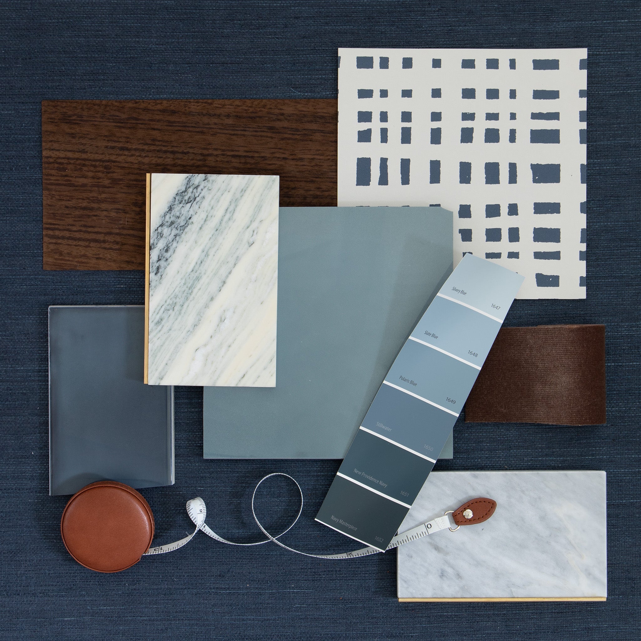 Interior design moodboard and wallpaper inspirations with blue paint and tile on top