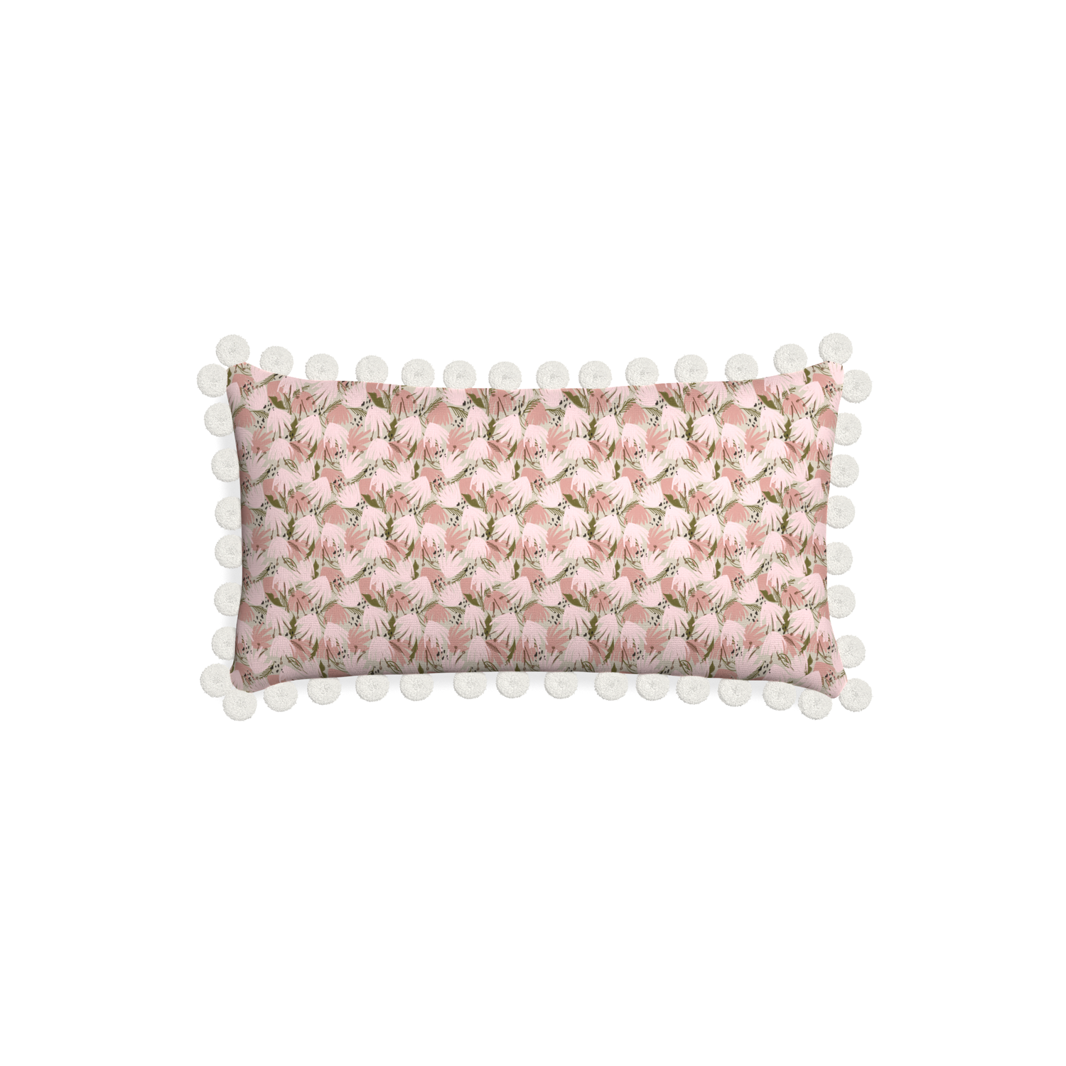 Lumbar eden pink custom pink floralpillow with snow pom pom on white background