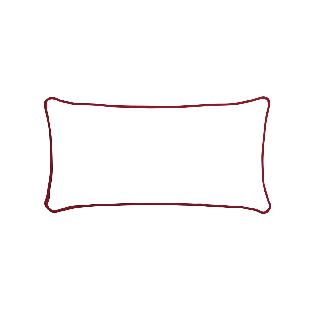 Midi-lumbar ruby moss custom pillow with cherry piping on white background