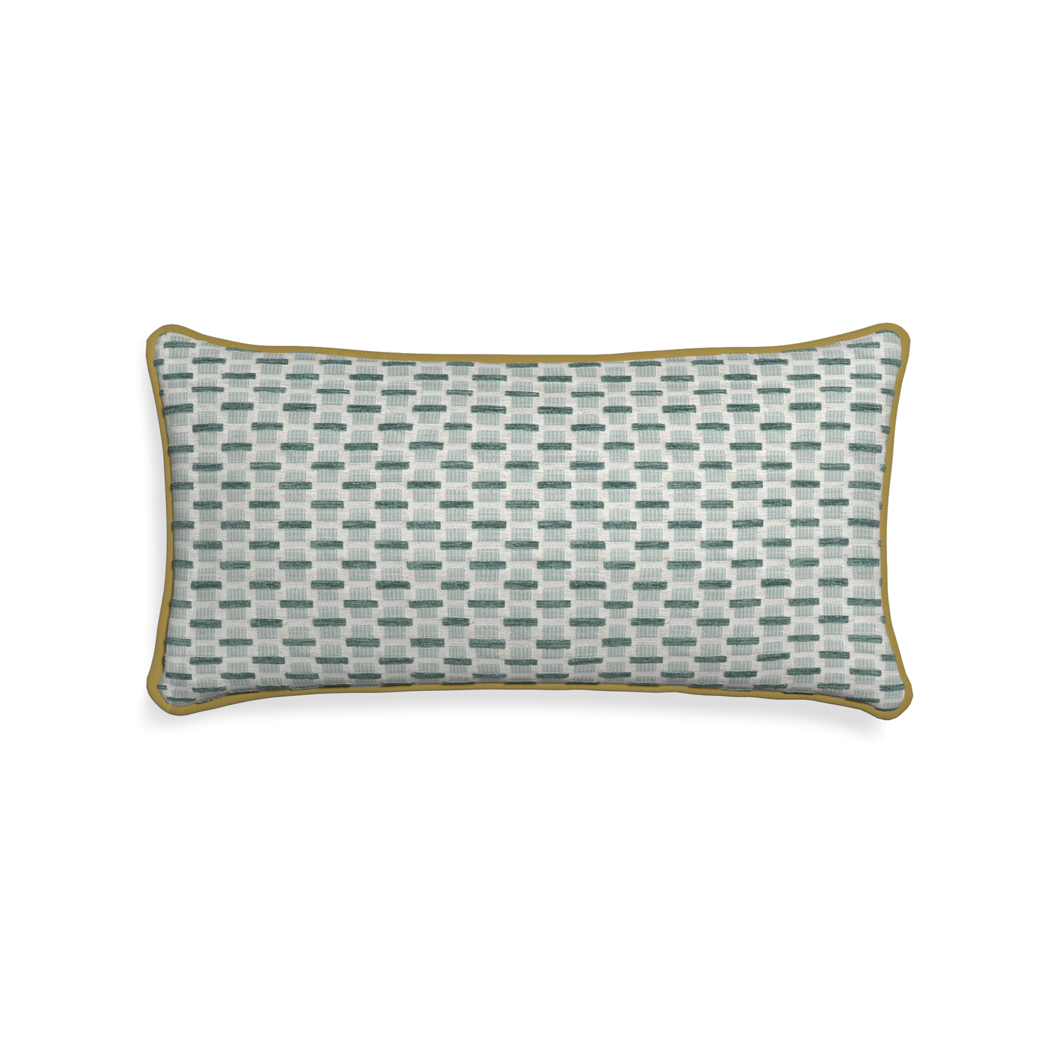 Midi-lumbar willow mint custom green geometric chenillepillow with c piping on white background