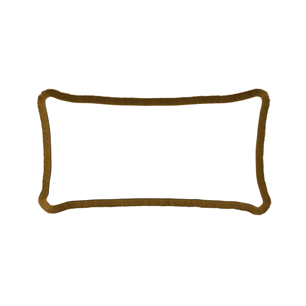 Midi-lumbar ruby moss custom pillow with copper fringe on white background