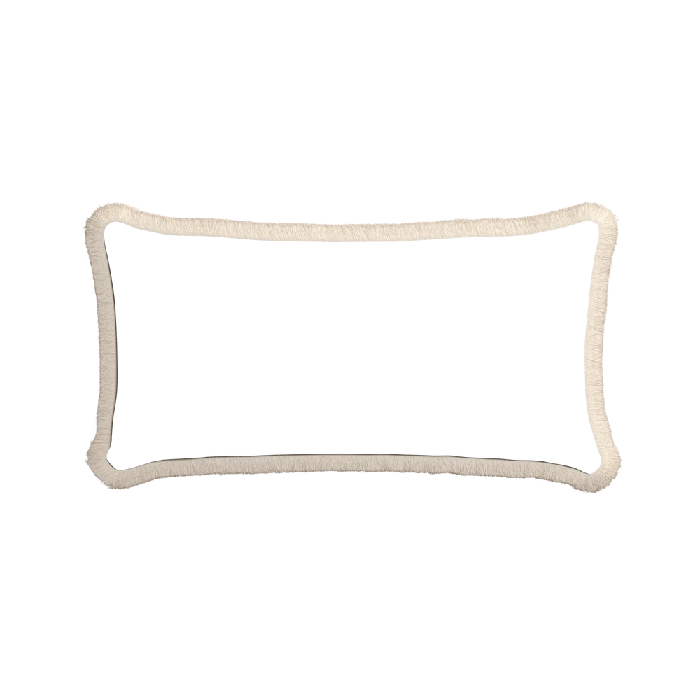 Midi-lumbar ruby moss custom pillow with cream fringe on white background