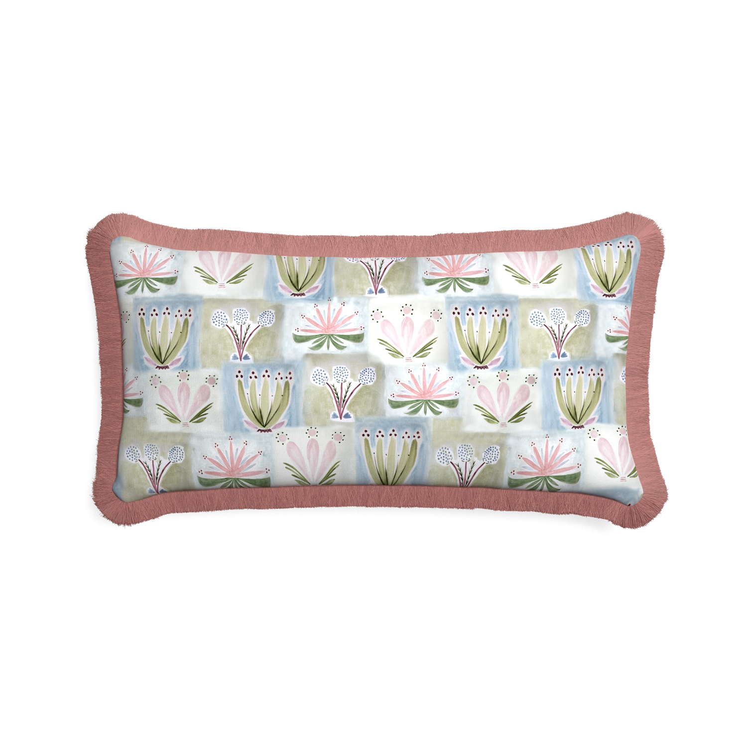 Midi-lumbar harper custom hand-painted floralpillow with d fringe on white background