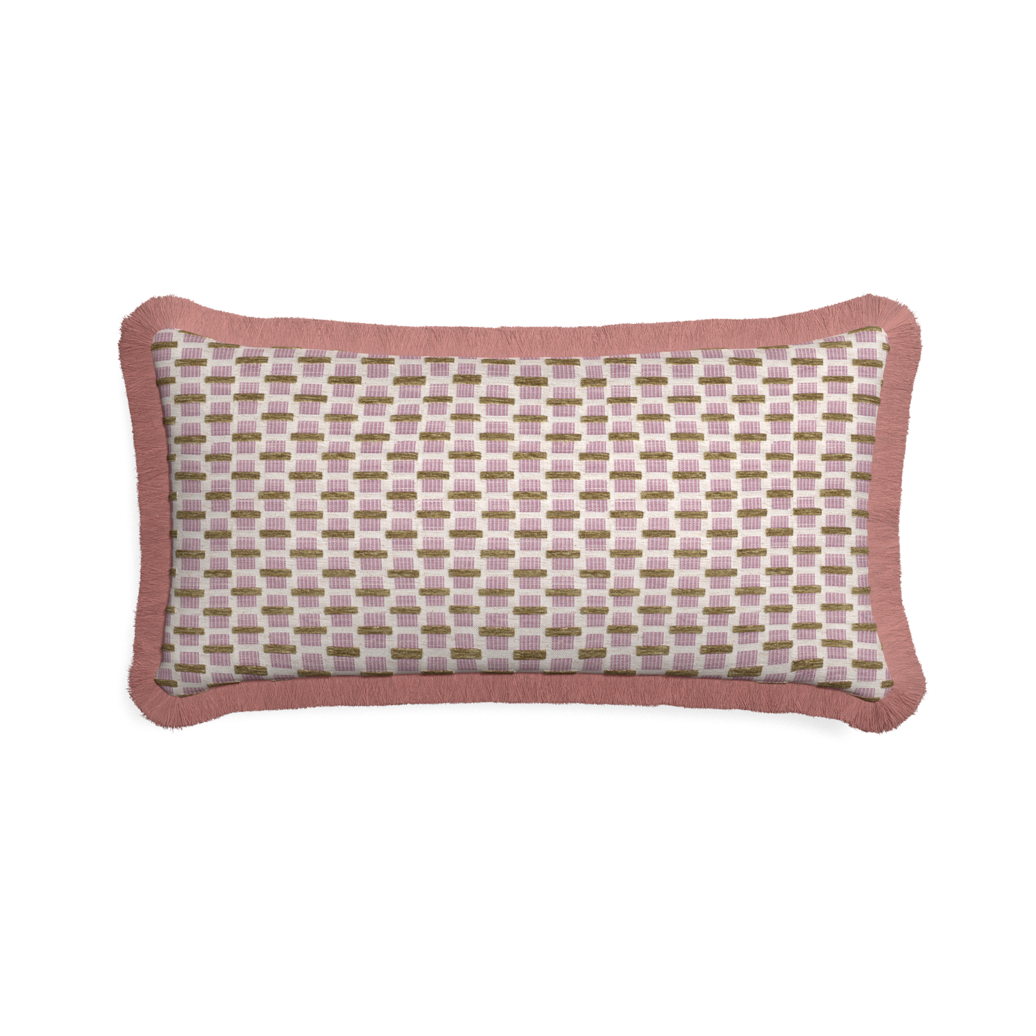 Midi-lumbar willow orchid custom pink geometric chenillepillow with d fringe on white background