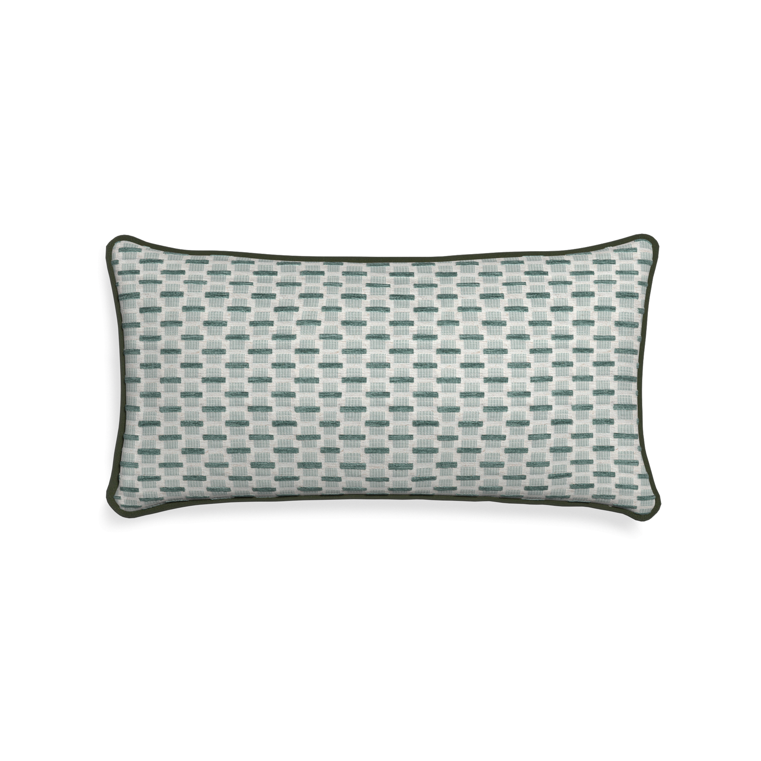 Midi-lumbar willow mint custom green geometric chenillepillow with f piping on white background