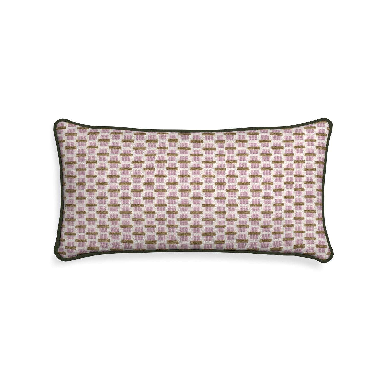 Midi-lumbar willow orchid custom pink geometric chenillepillow with f piping on white background