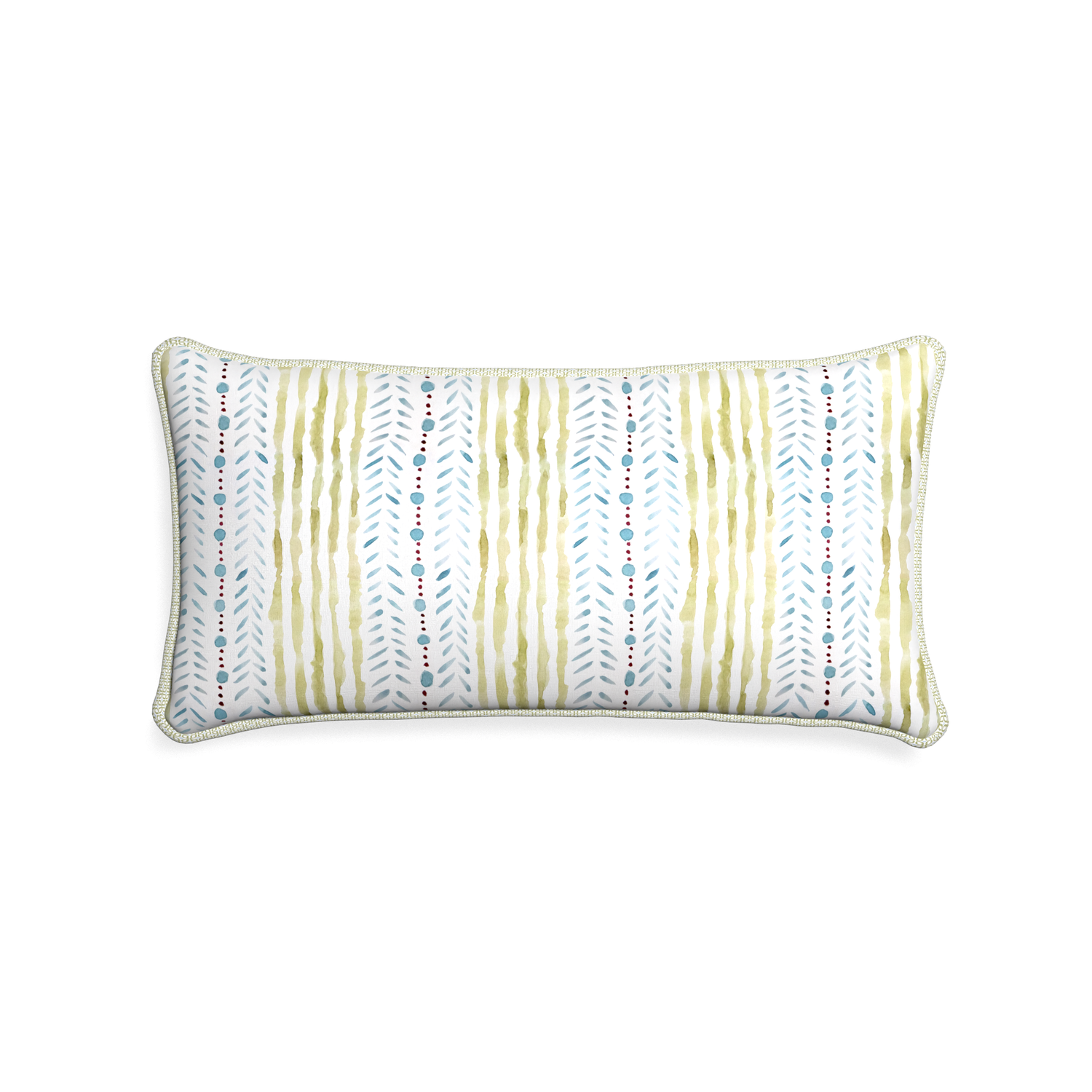 Midi-lumbar julia custom blue & green stripedpillow with l piping on white background