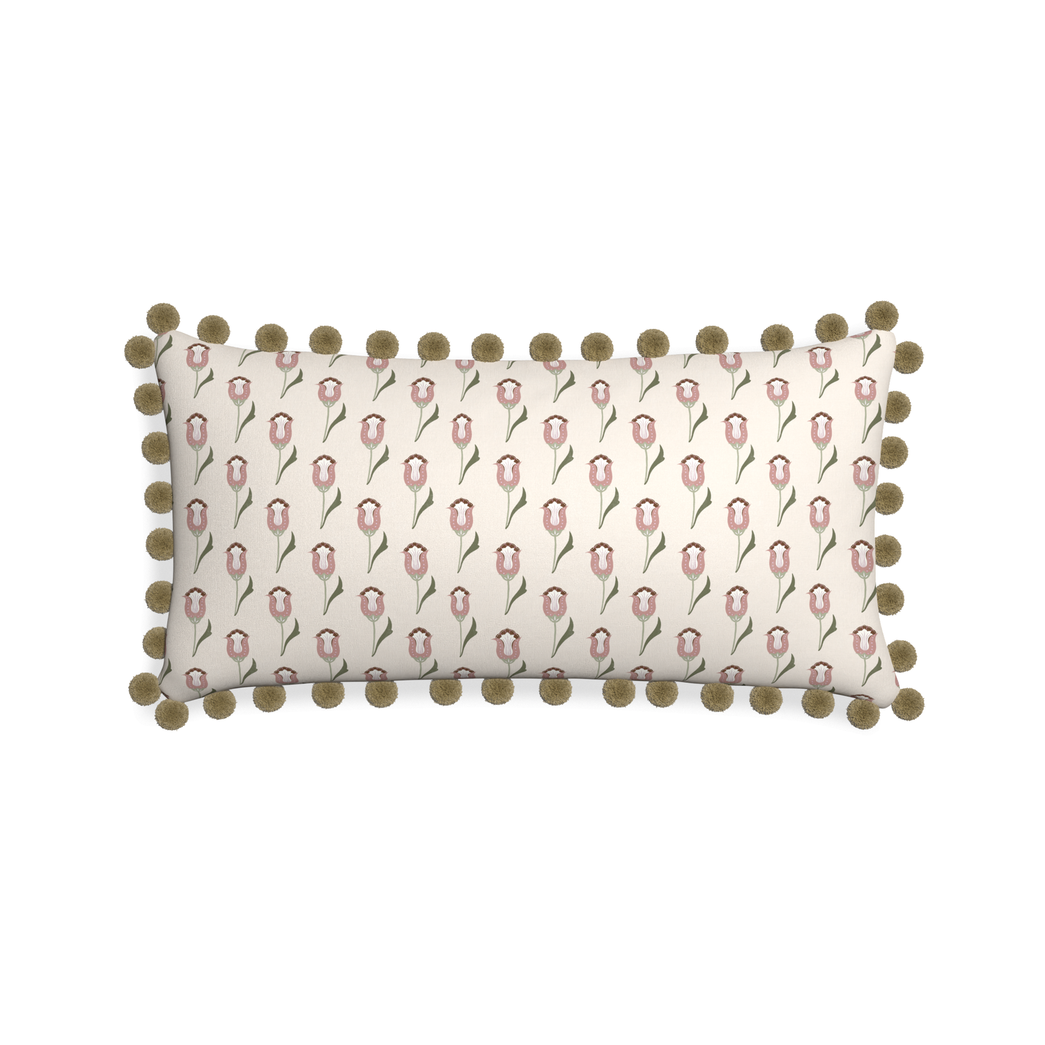 Midi-lumbar annabelle orchid custom pink tulippillow with olive pom pom on white background