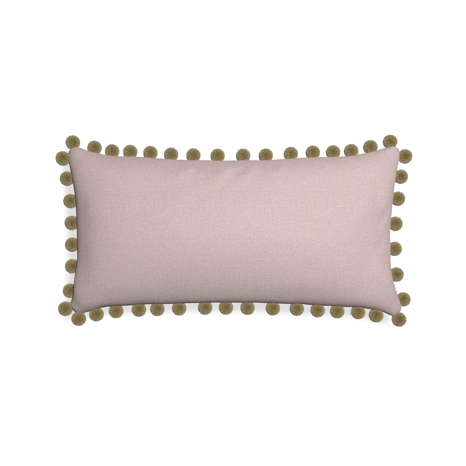 Midi-lumbar orchid custom mauve pinkpillow with olive pom pom on white background