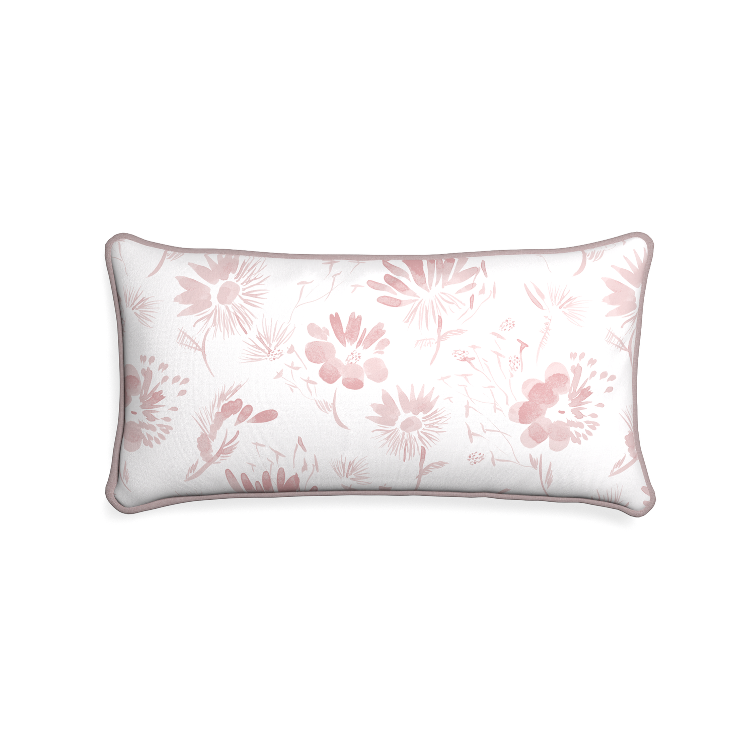 Midi-lumbar blake custom pink floralpillow with orchid piping on white background