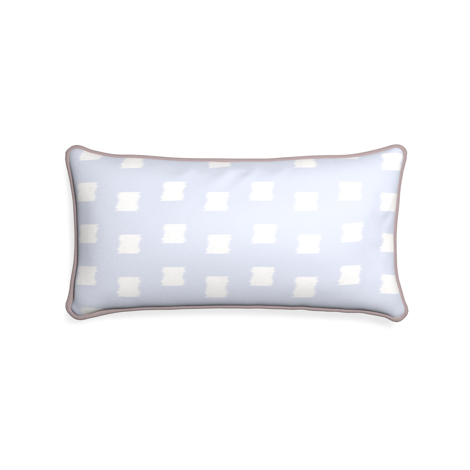 Midi-lumbar denton custom sky blue patternpillow with orchid piping on white background