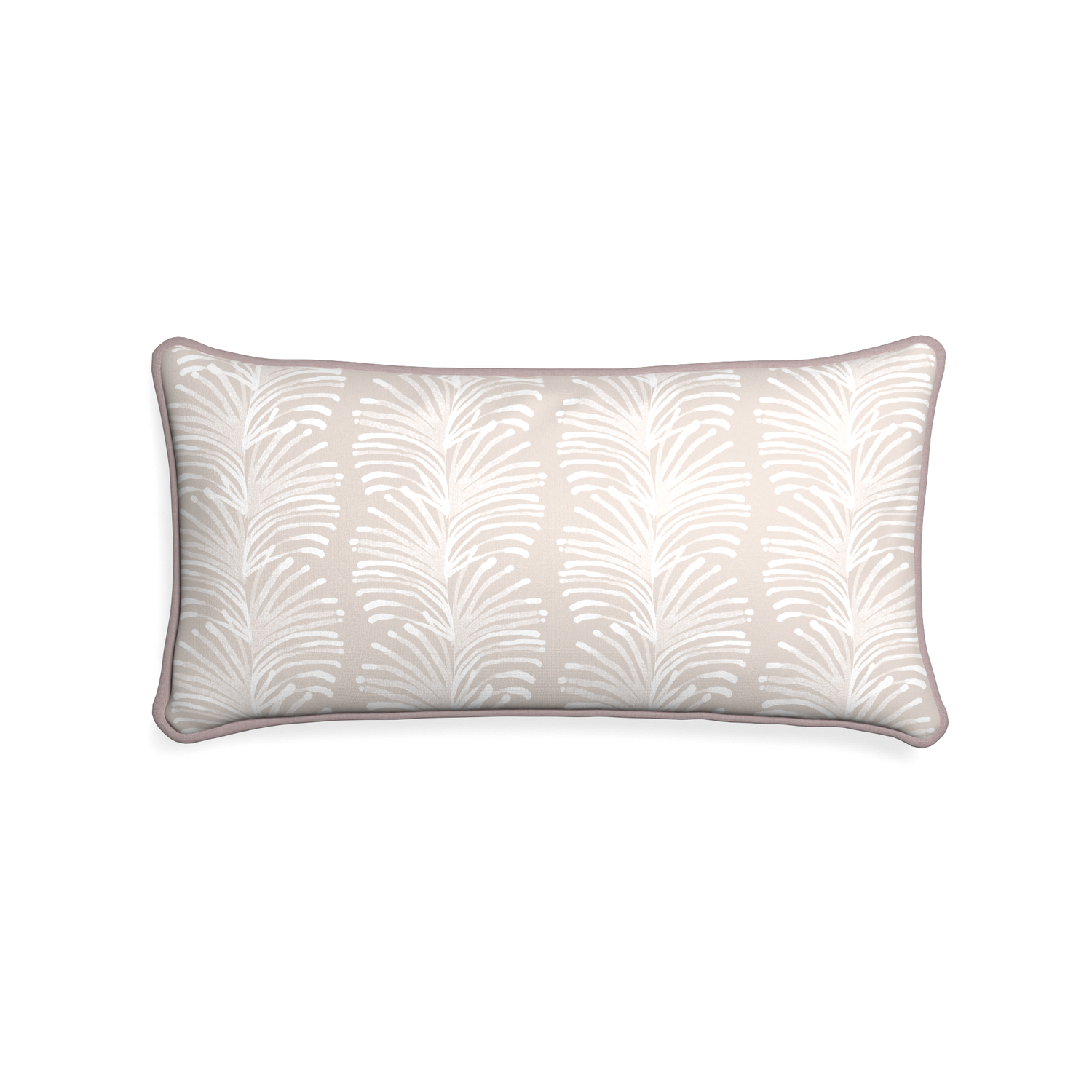 Midi-lumbar emma sand custom sand colored botanical stripepillow with orchid piping on white background