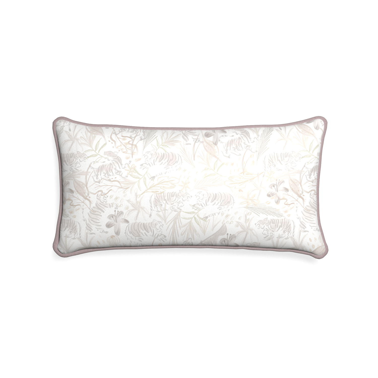 Midi-lumbar frida sand custom beige chinoiserie tigerpillow with orchid piping on white background