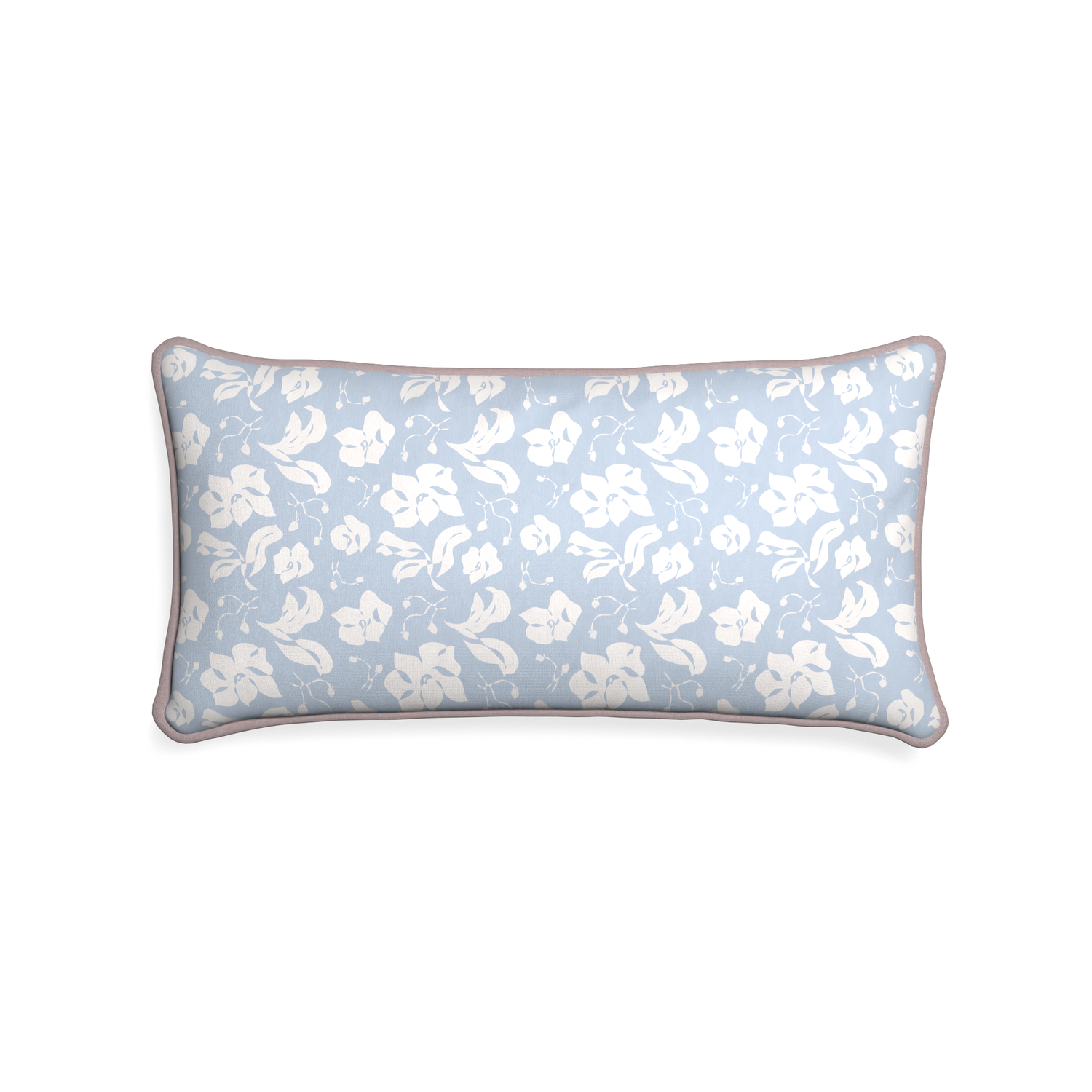 Midi-lumbar georgia custom cornflower blue floralpillow with orchid piping on white background