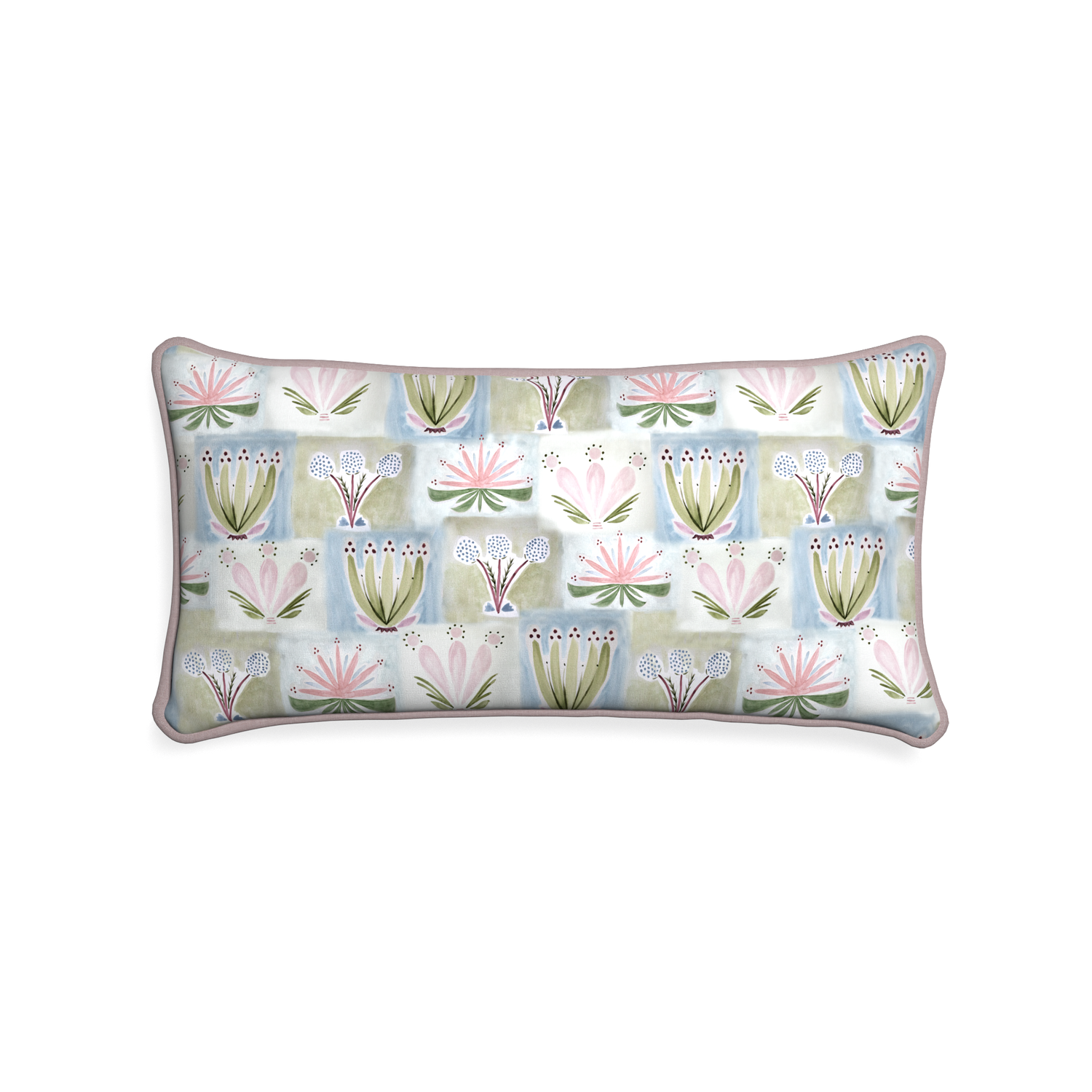 Midi-lumbar harper custom hand-painted floralpillow with orchid piping on white background