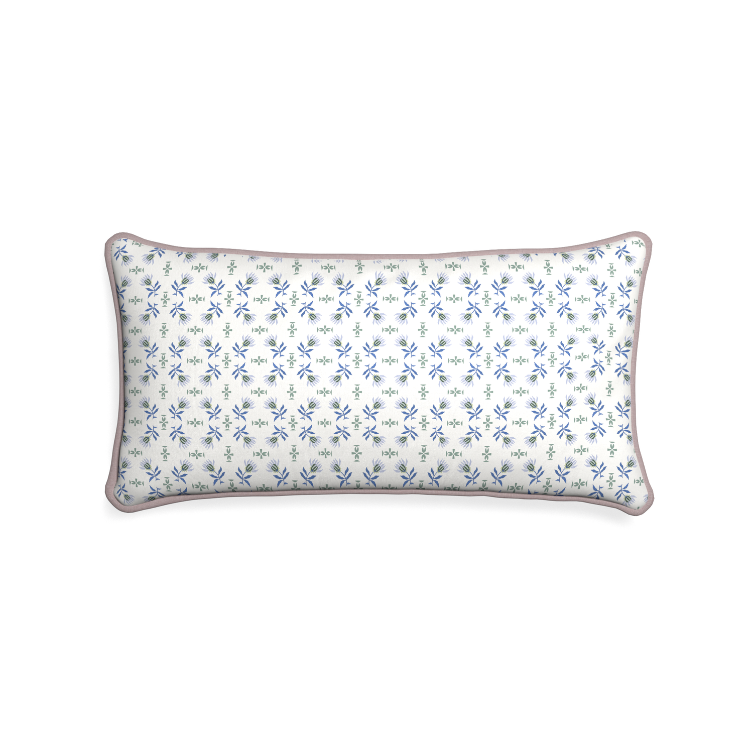Midi-lumbar lee custom blue & green floralpillow with orchid piping on white background