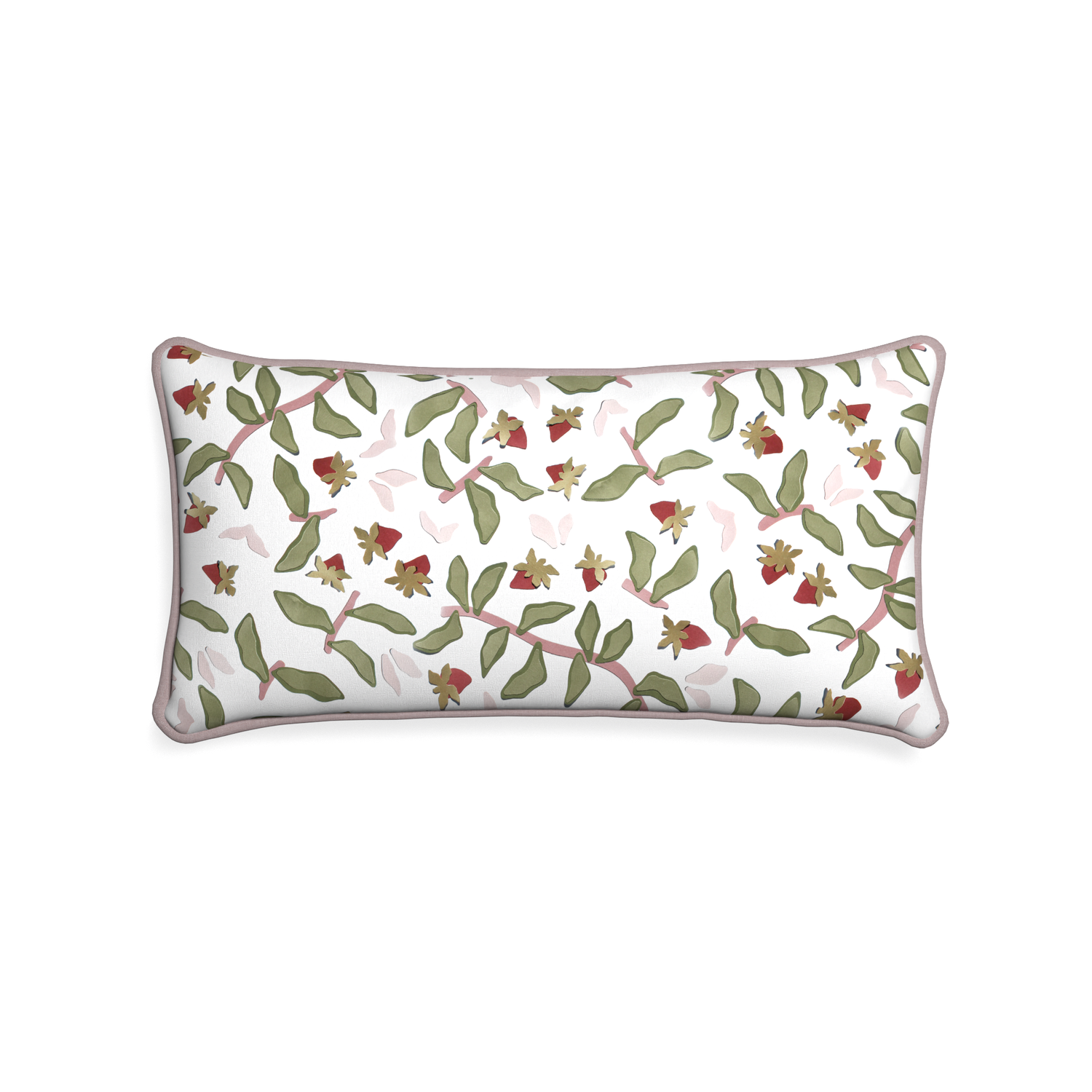 Midi-lumbar nellie custom strawberry & botanicalpillow with orchid piping on white background