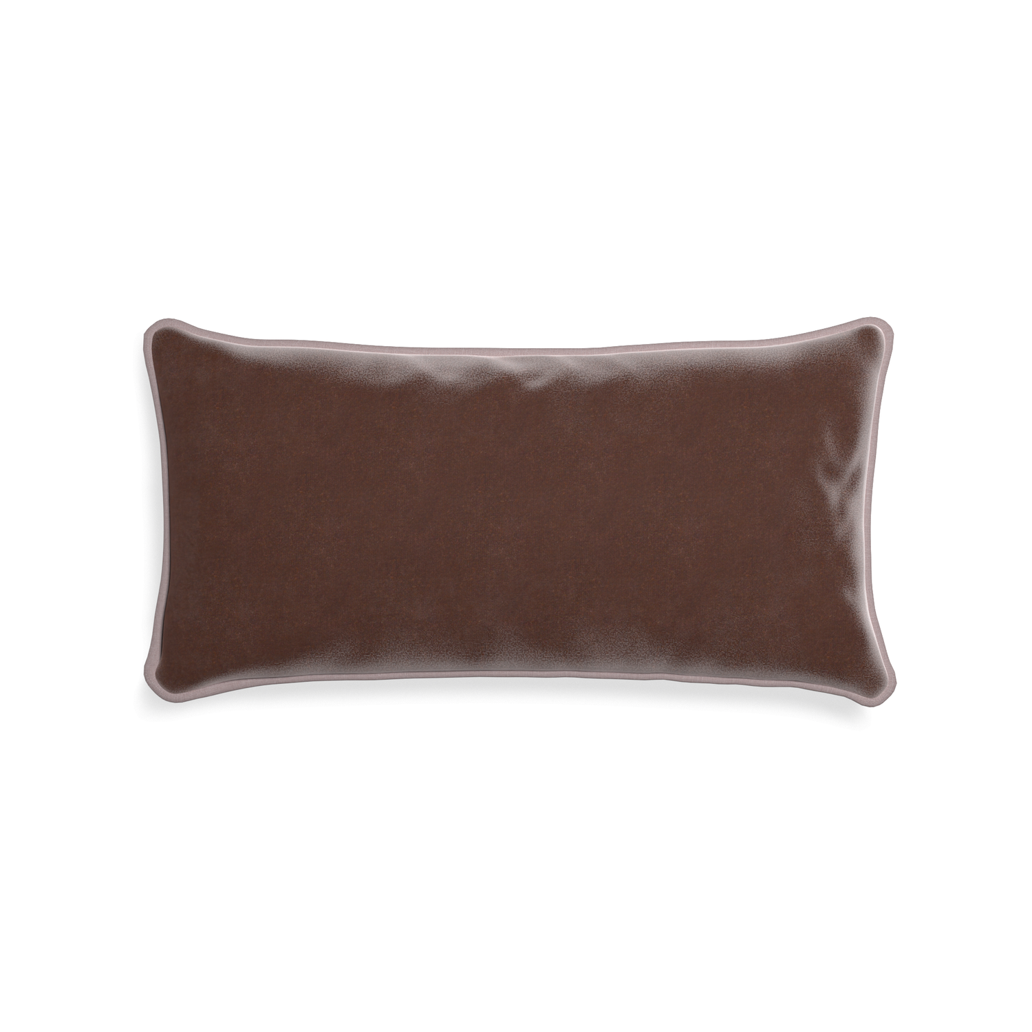 Midi-lumbar walnut velvet custom brownpillow with orchid piping on white background