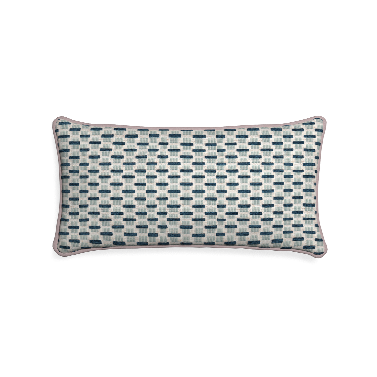 Midi-lumbar willow amalfi custom blue geometric chenillepillow with orchid piping on white background