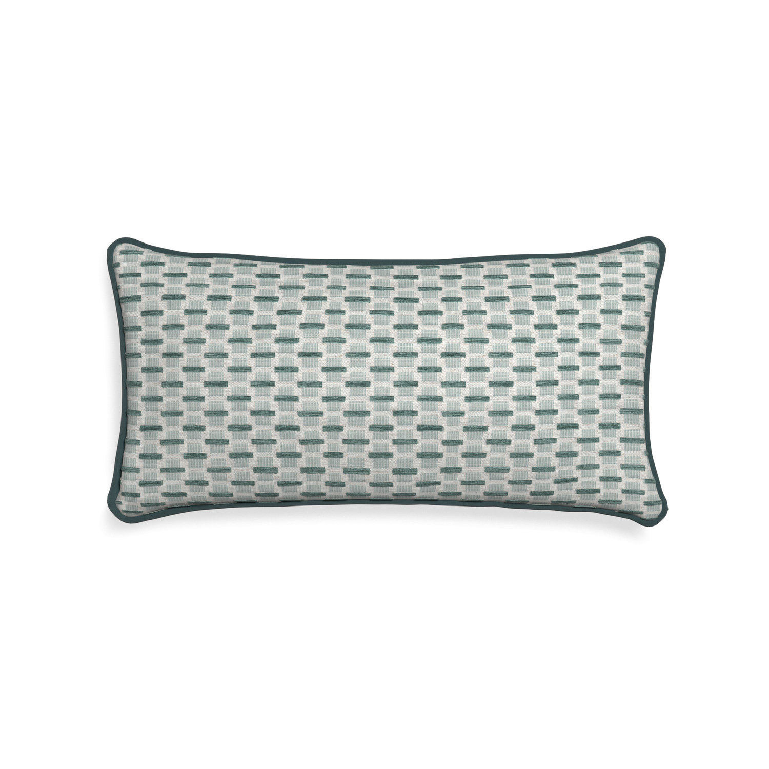 Midi-lumbar willow mint custom green geometric chenillepillow with p piping on white background