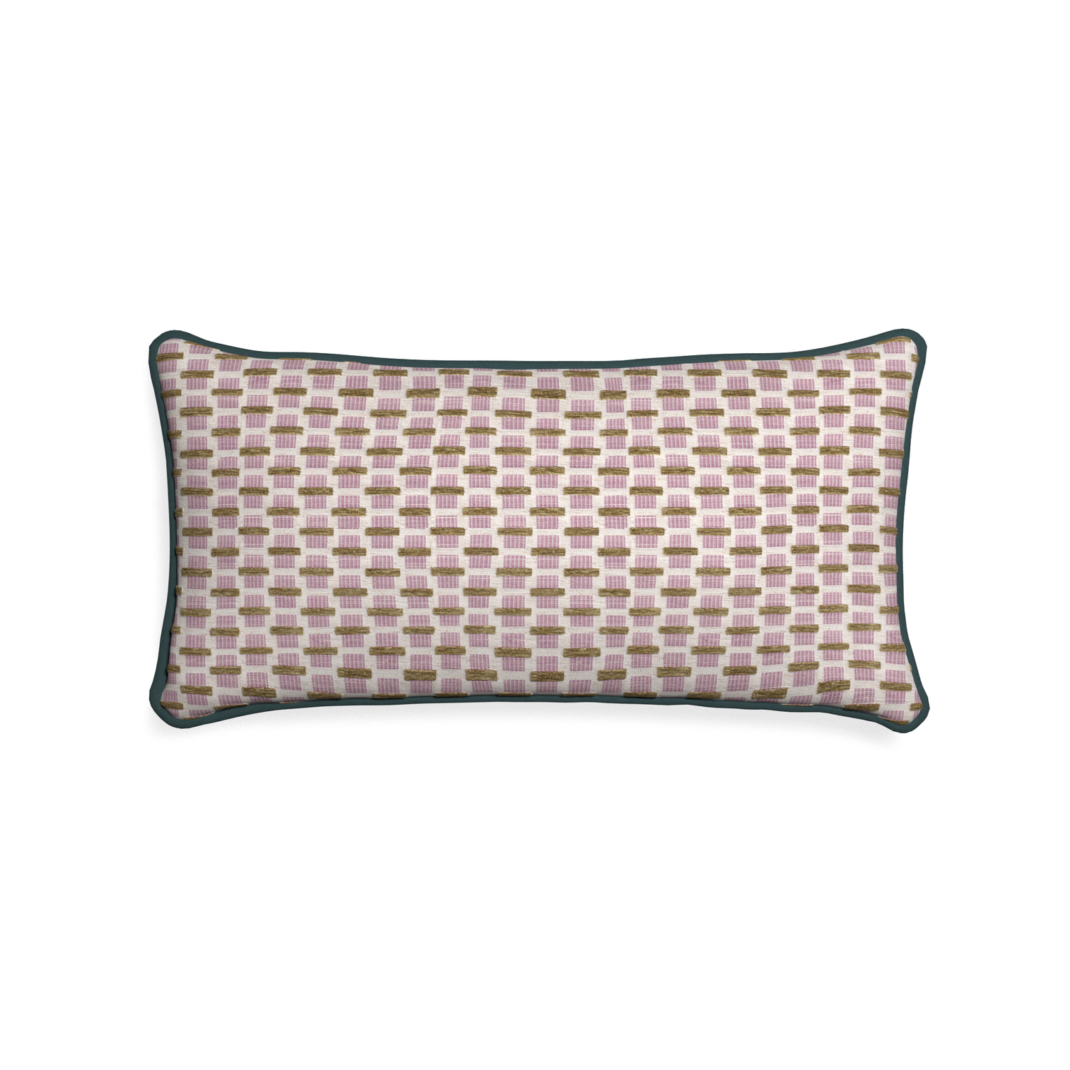 Midi-lumbar willow orchid custom pink geometric chenillepillow with p piping on white background