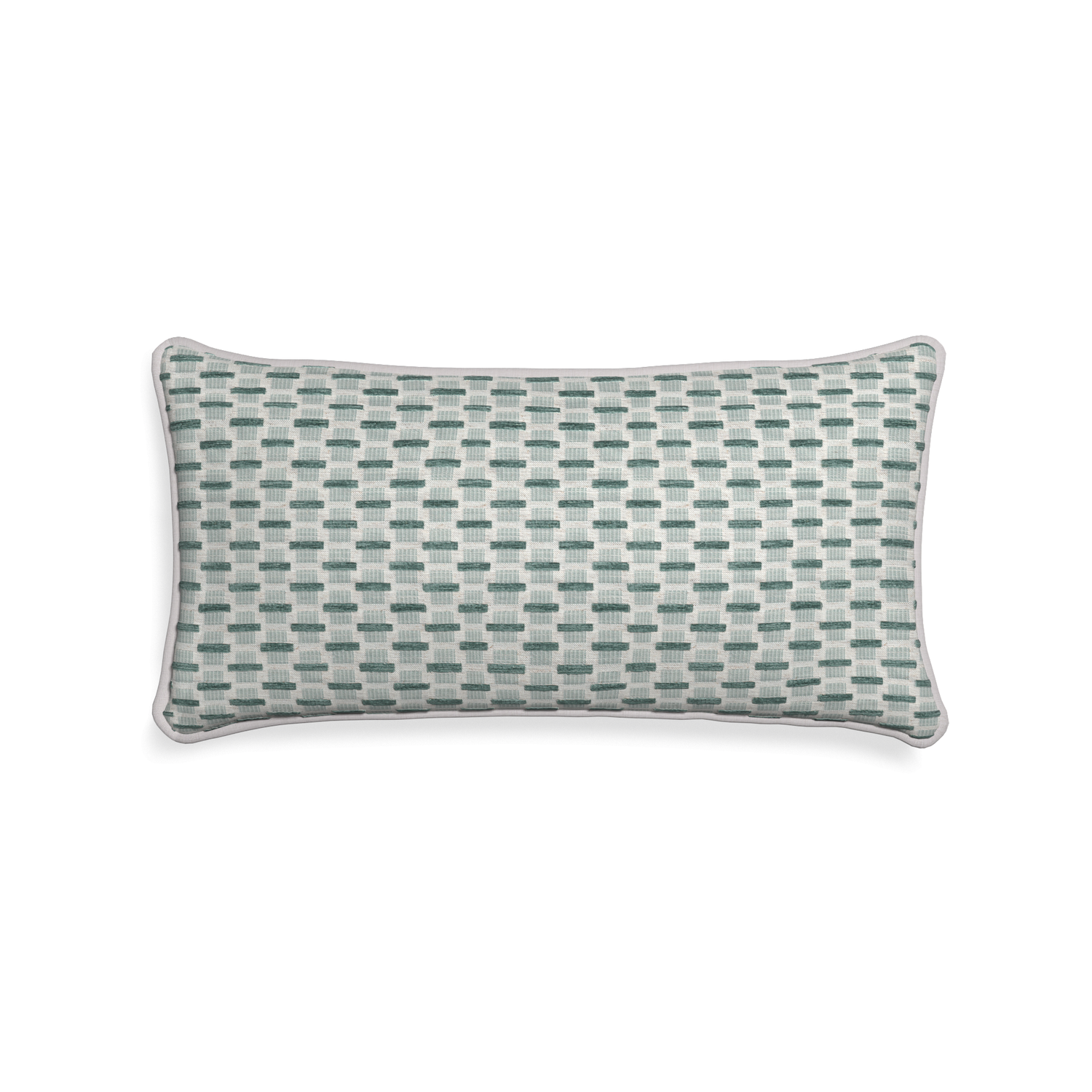Midi-lumbar willow mint custom green geometric chenillepillow with pebble piping on white background