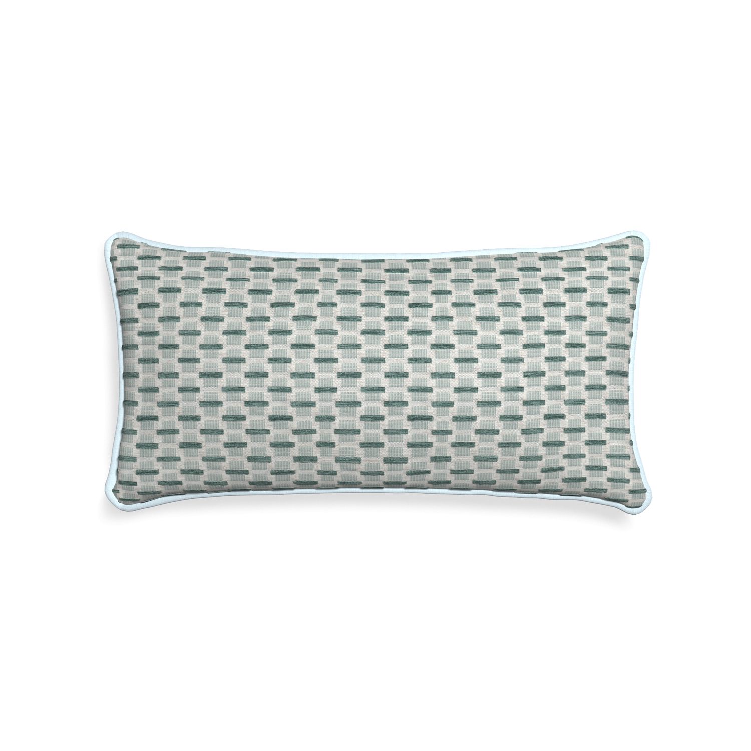 Midi-lumbar willow mint custom green geometric chenillepillow with powder piping on white background