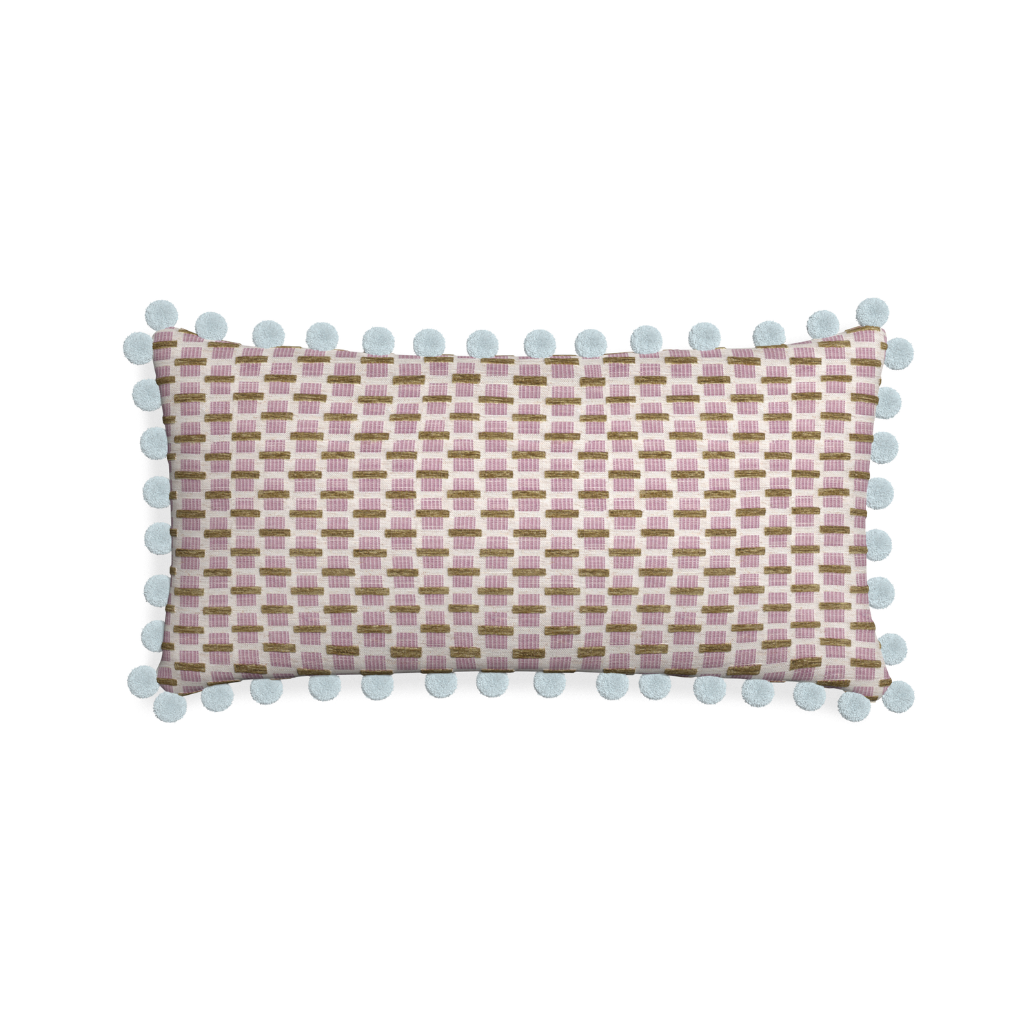 Midi-lumbar willow orchid custom pink geometric chenillepillow with powder pom pom on white background