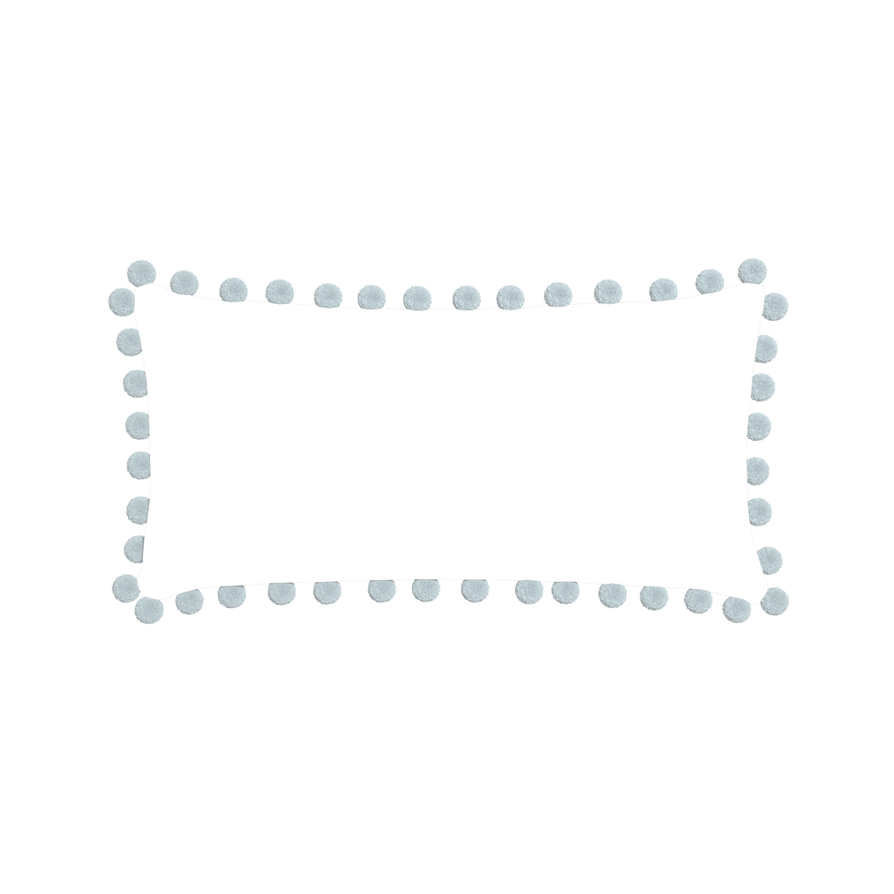 Midi-lumbar ruby moss custom pillow with powder pom pom on white background