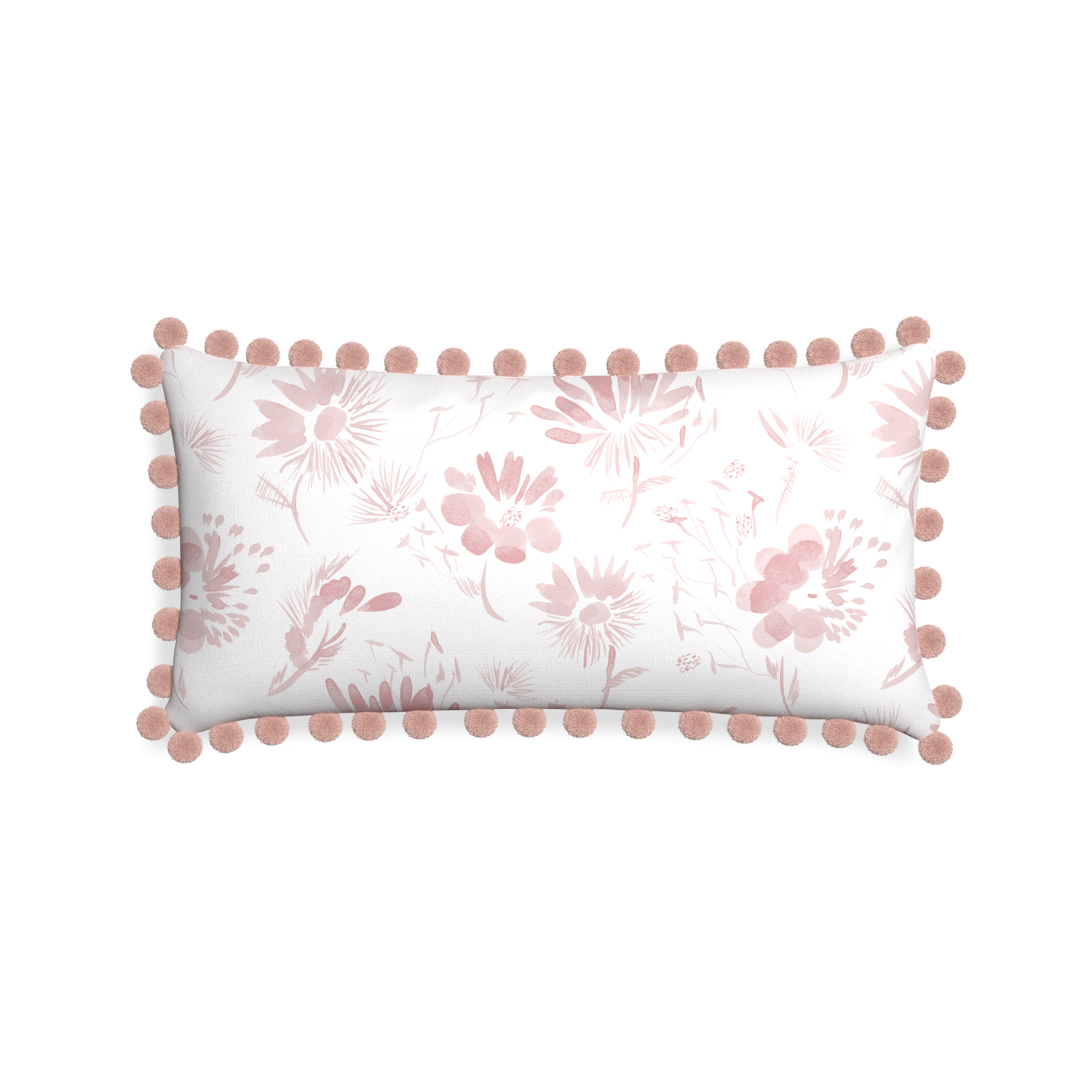 Midi-lumbar blake custom pink floralpillow with rose pom pom on white background