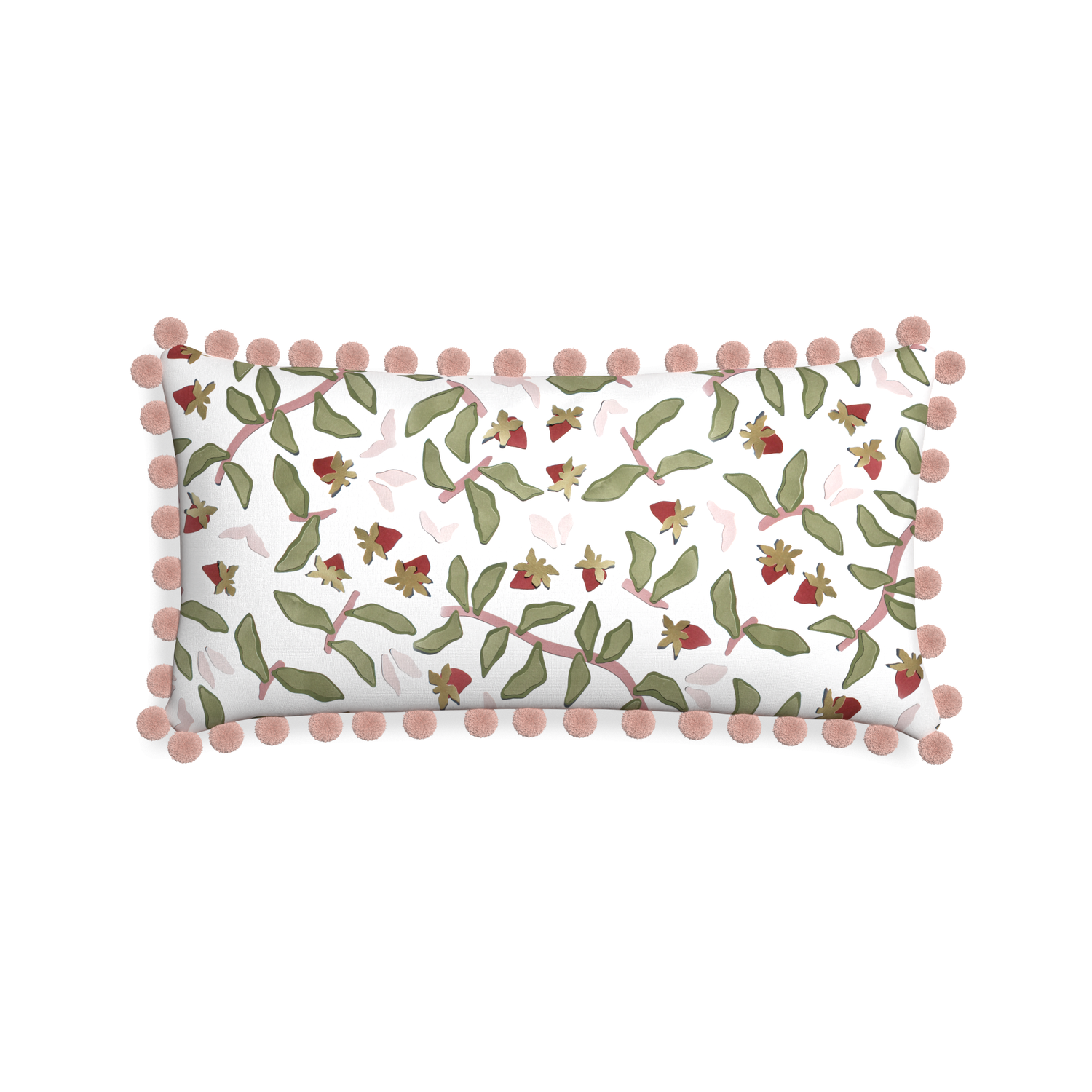 Midi-lumbar nellie custom strawberry & botanicalpillow with rose pom pom on white background