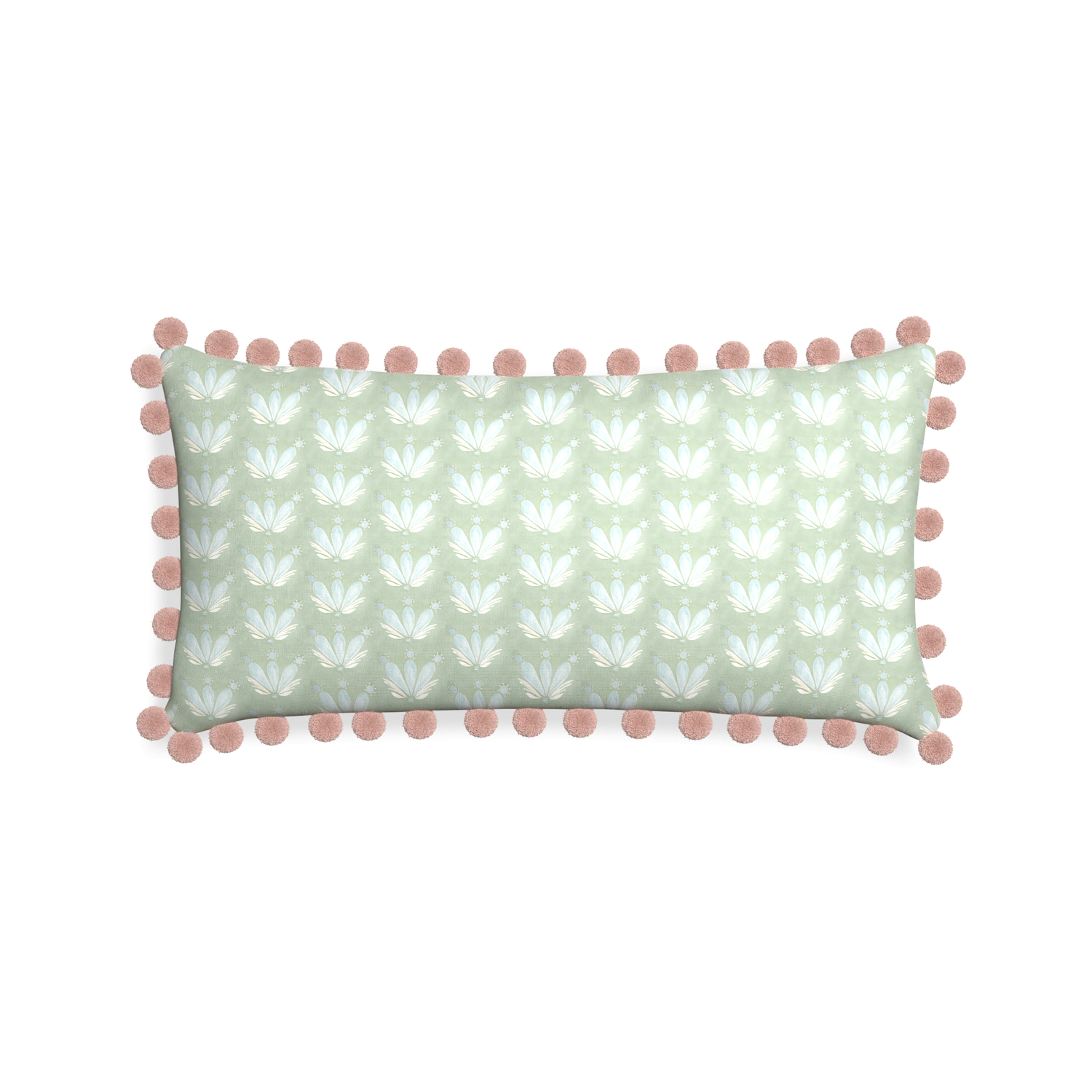 Midi-lumbar serena sea salt custom blue & green floral drop repeatpillow with rose pom pom on white background