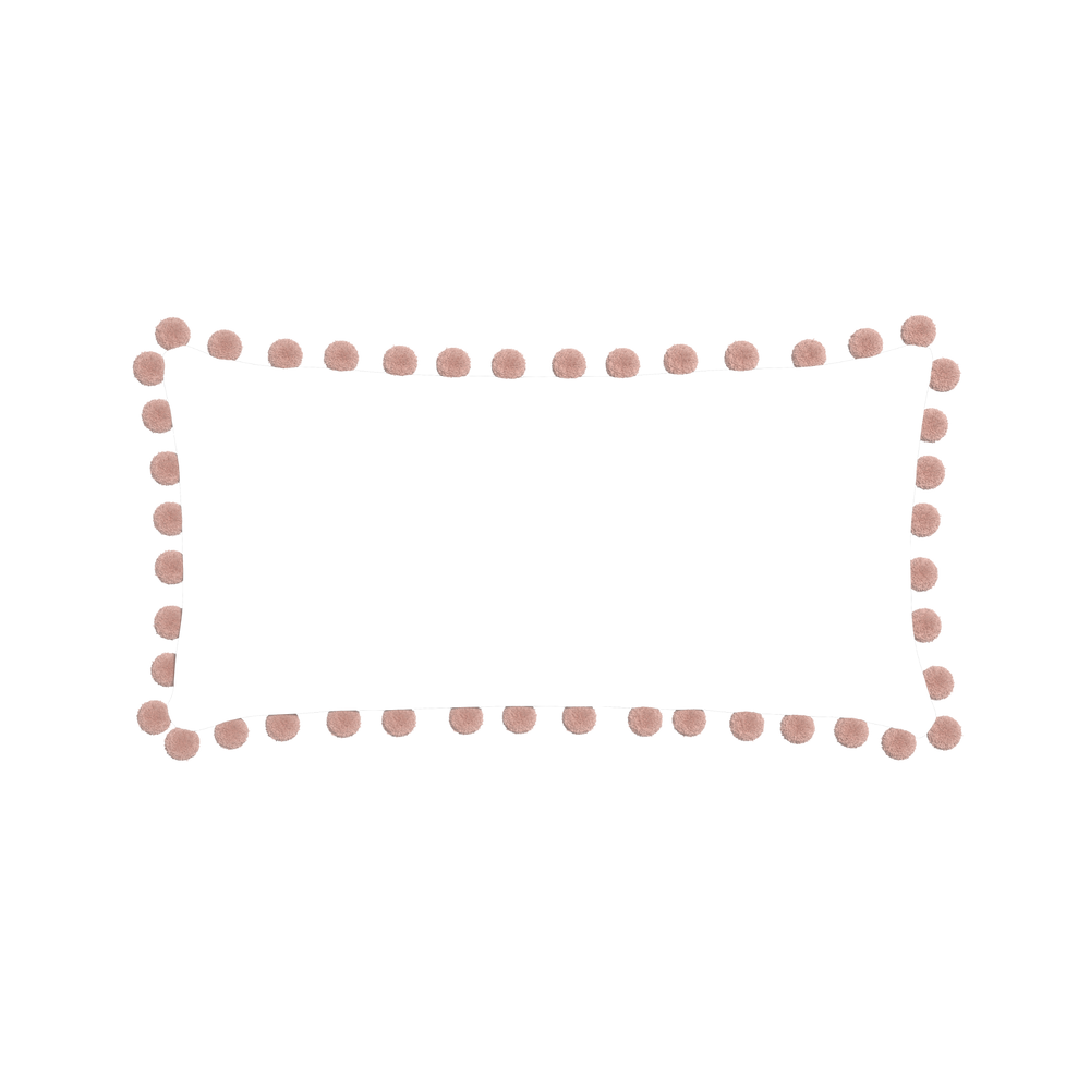 Midi-lumbar ruby moss custom pillow with rose pom pom on white background