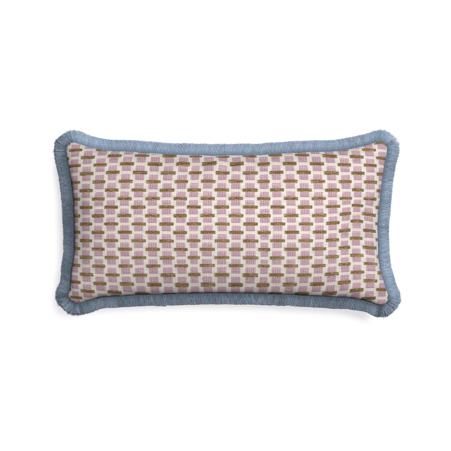 Midi-lumbar willow orchid custom pink geometric chenillepillow with sky fringe on white background