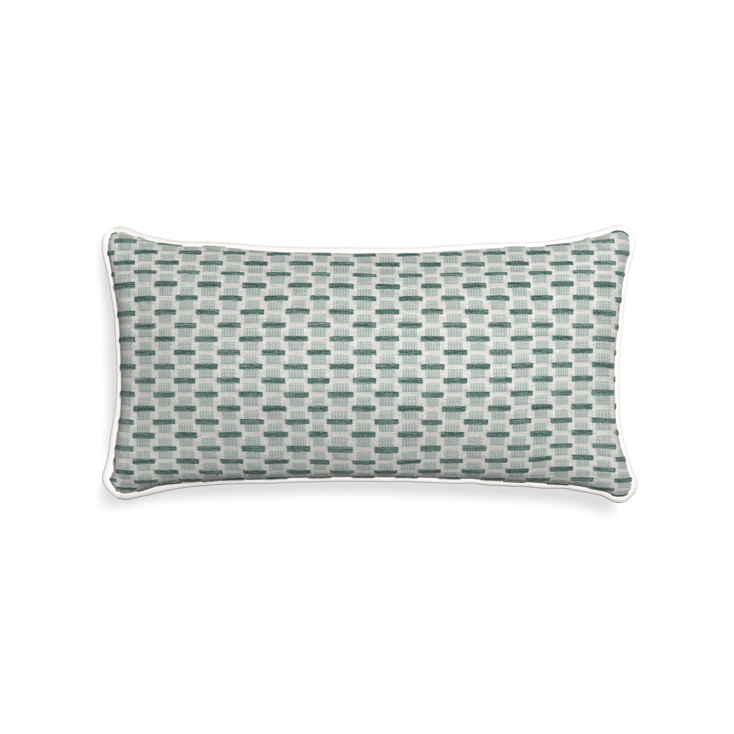 Midi-lumbar willow mint custom green geometric chenillepillow with snow piping on white background
