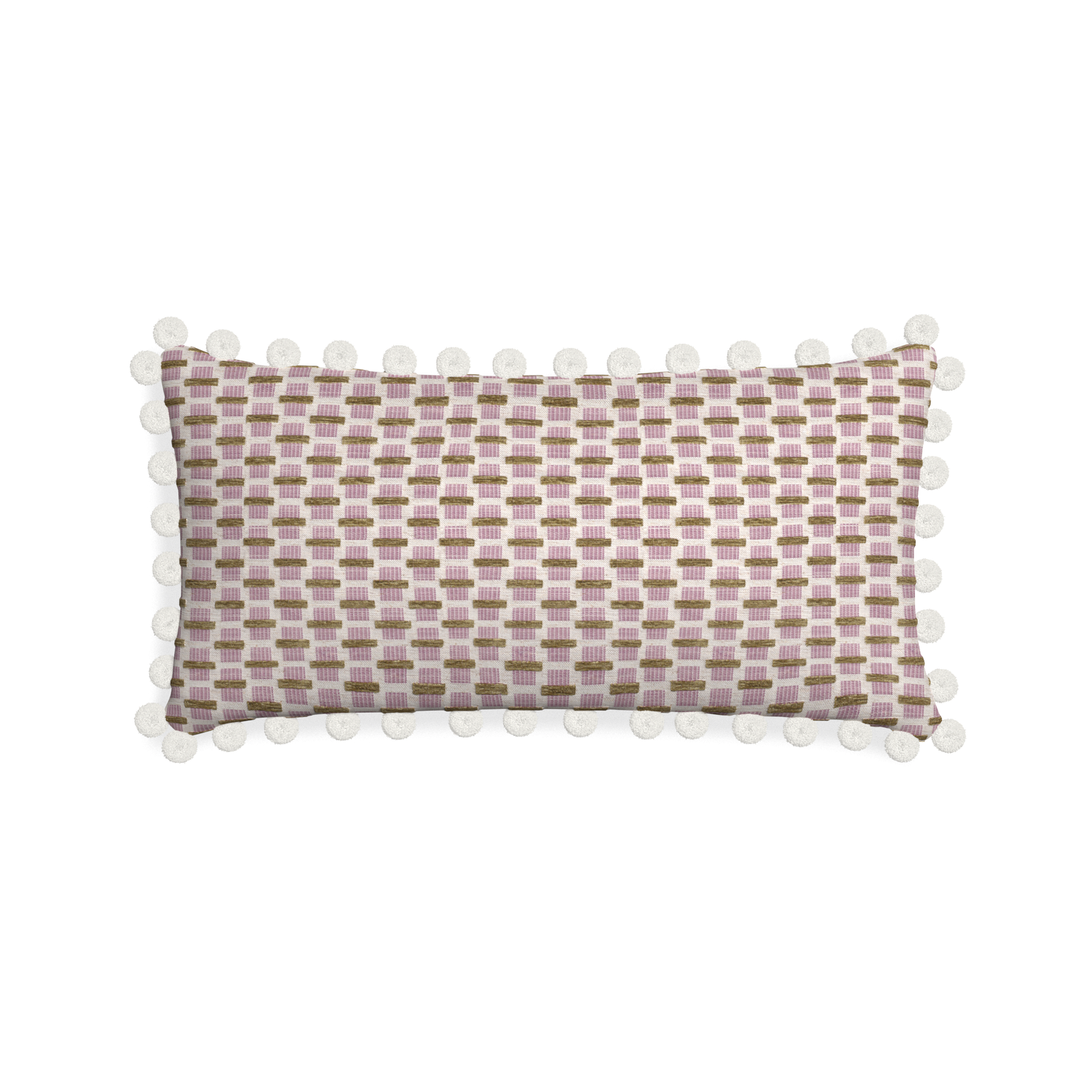 Midi-lumbar willow orchid custom pink geometric chenillepillow with snow pom pom on white background