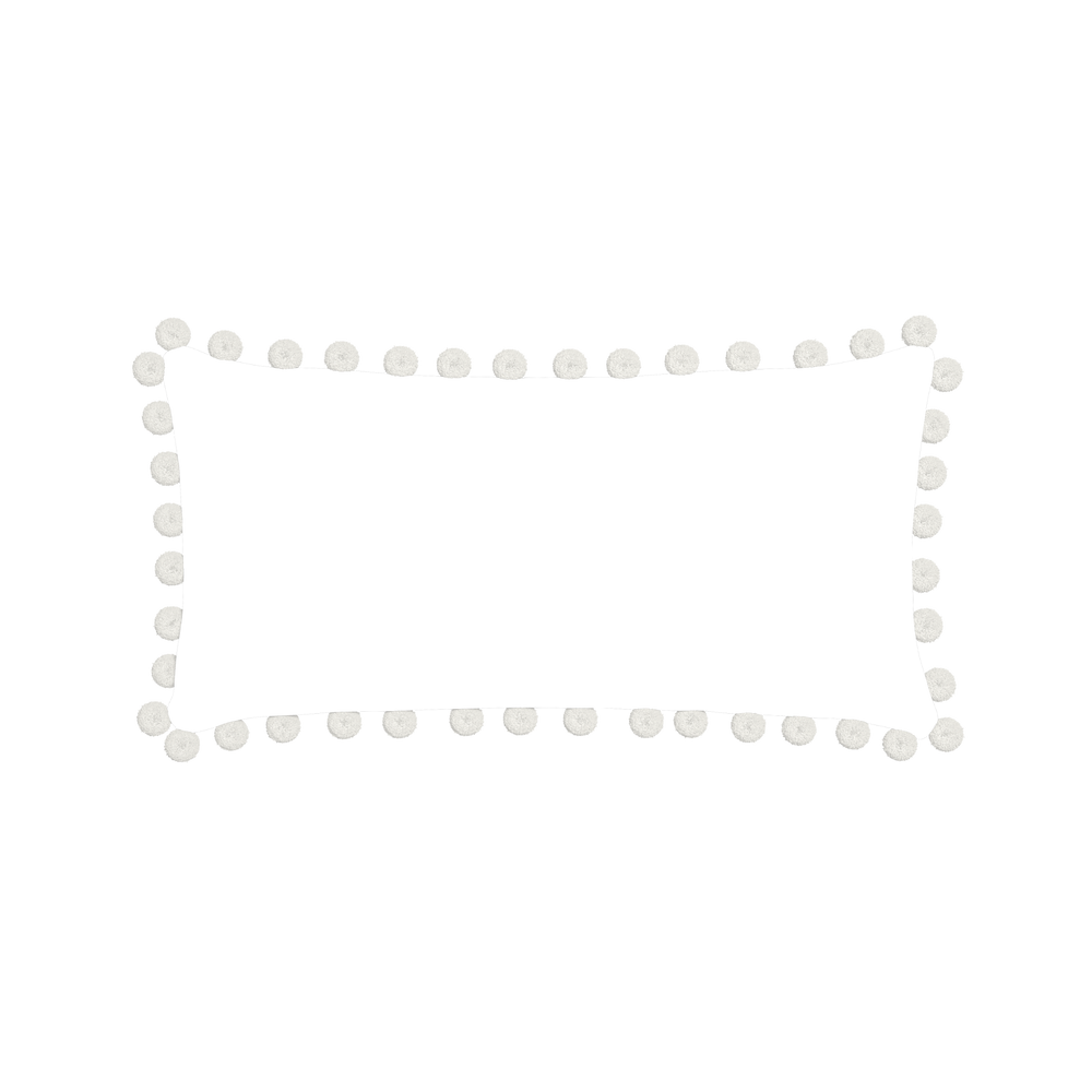 Midi-lumbar ruby moss custom pillow with snow pom pom on white background