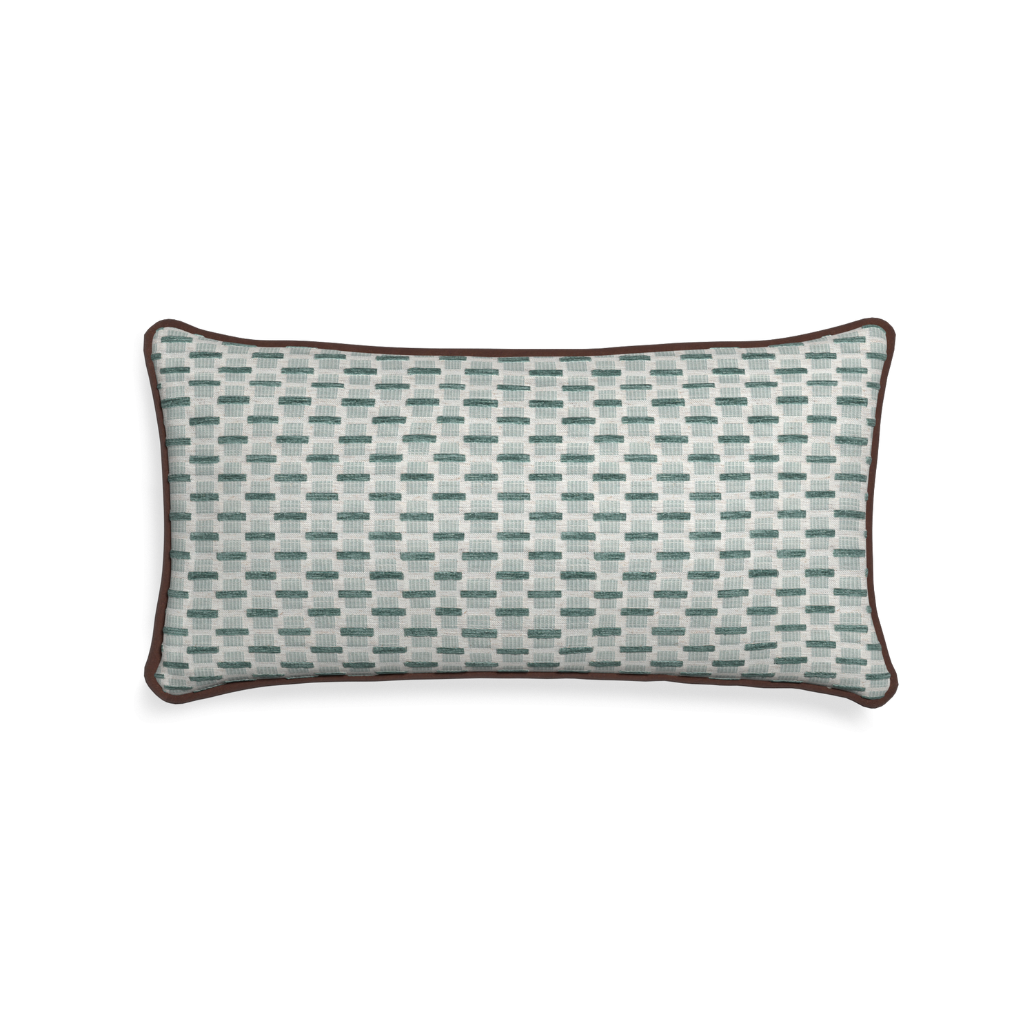 Midi-lumbar willow mint custom green geometric chenillepillow with w piping on white background
