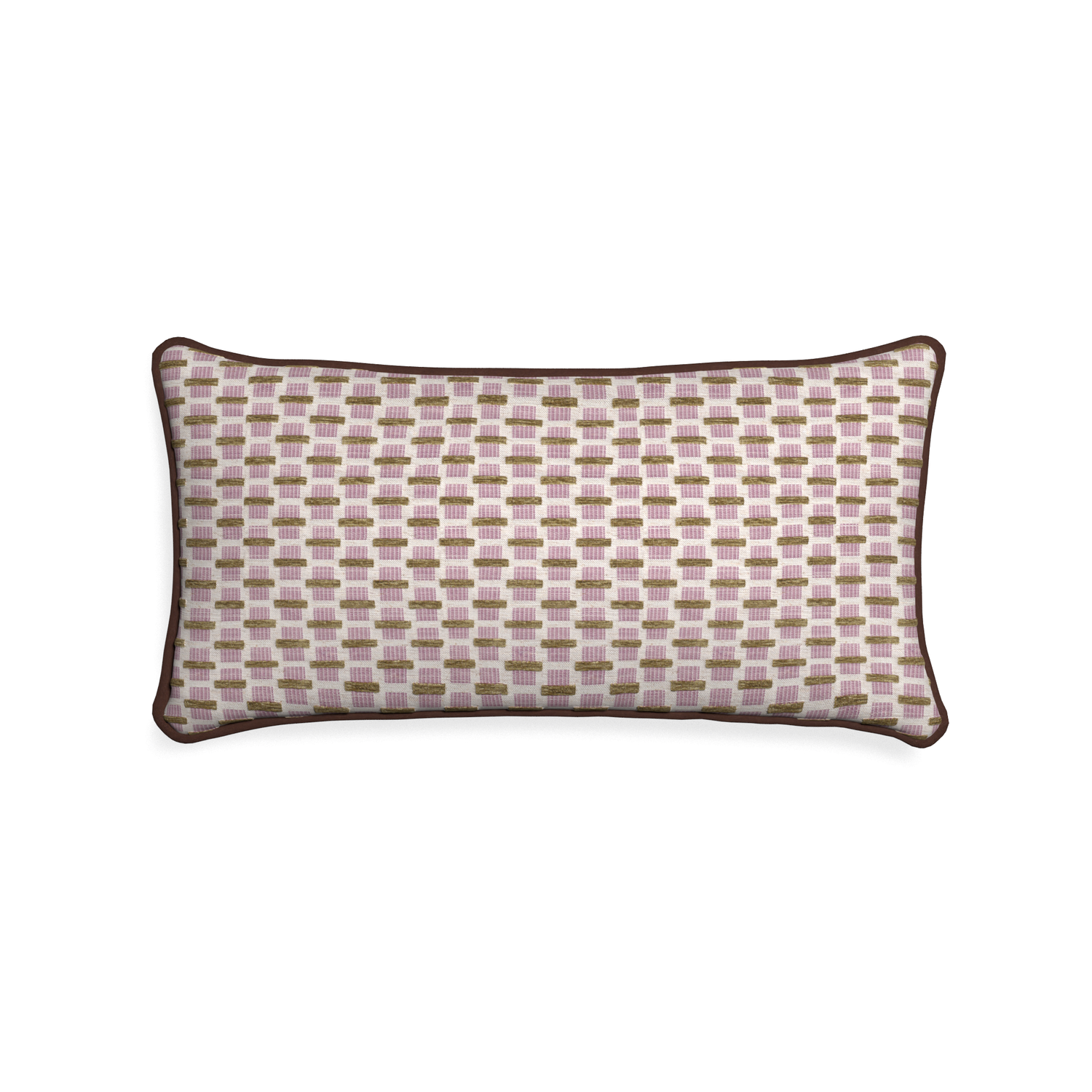 Midi-lumbar willow orchid custom pink geometric chenillepillow with w piping on white background